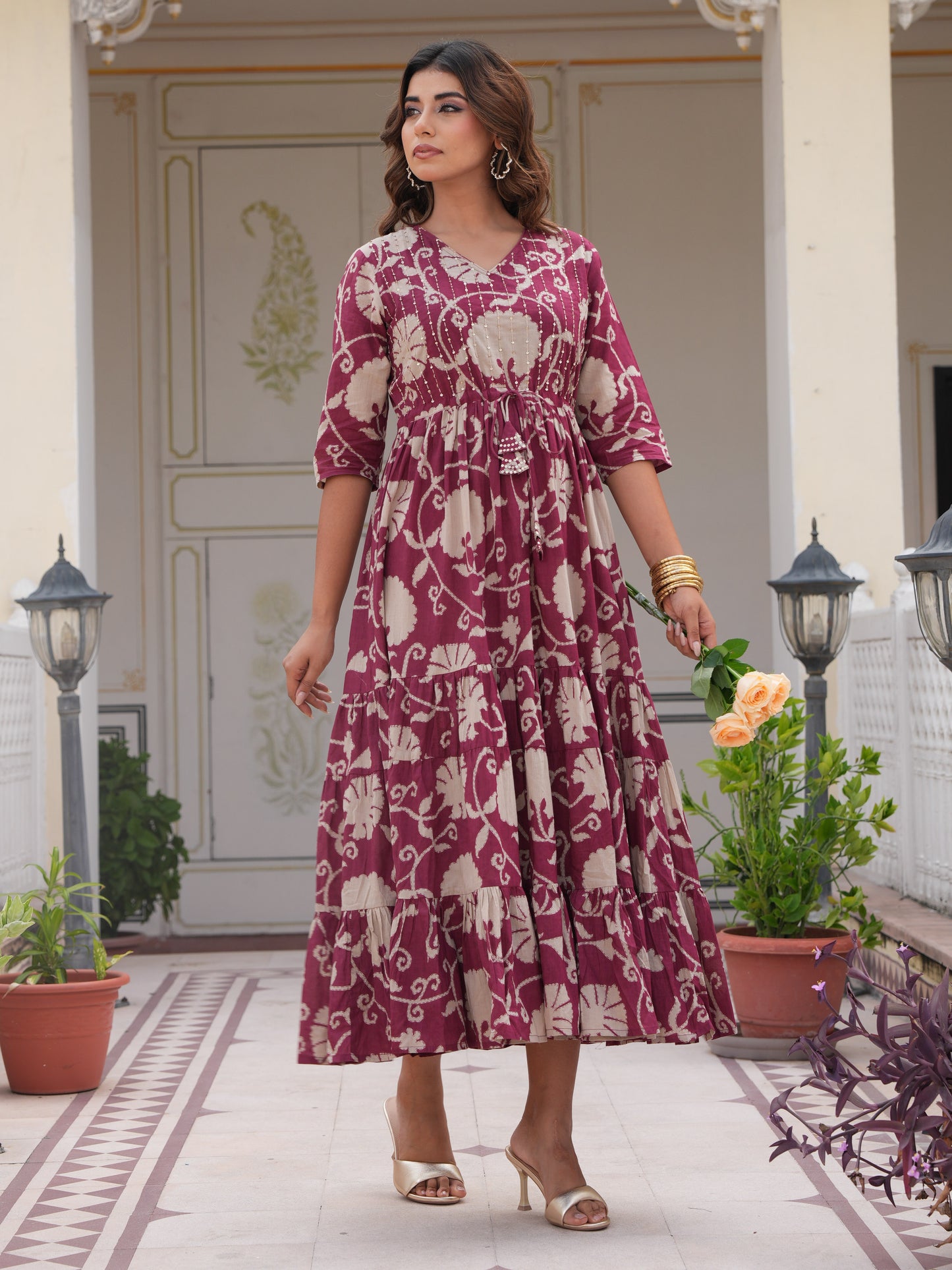Embroidered Soft Cotton Floral A-line Pink Dress