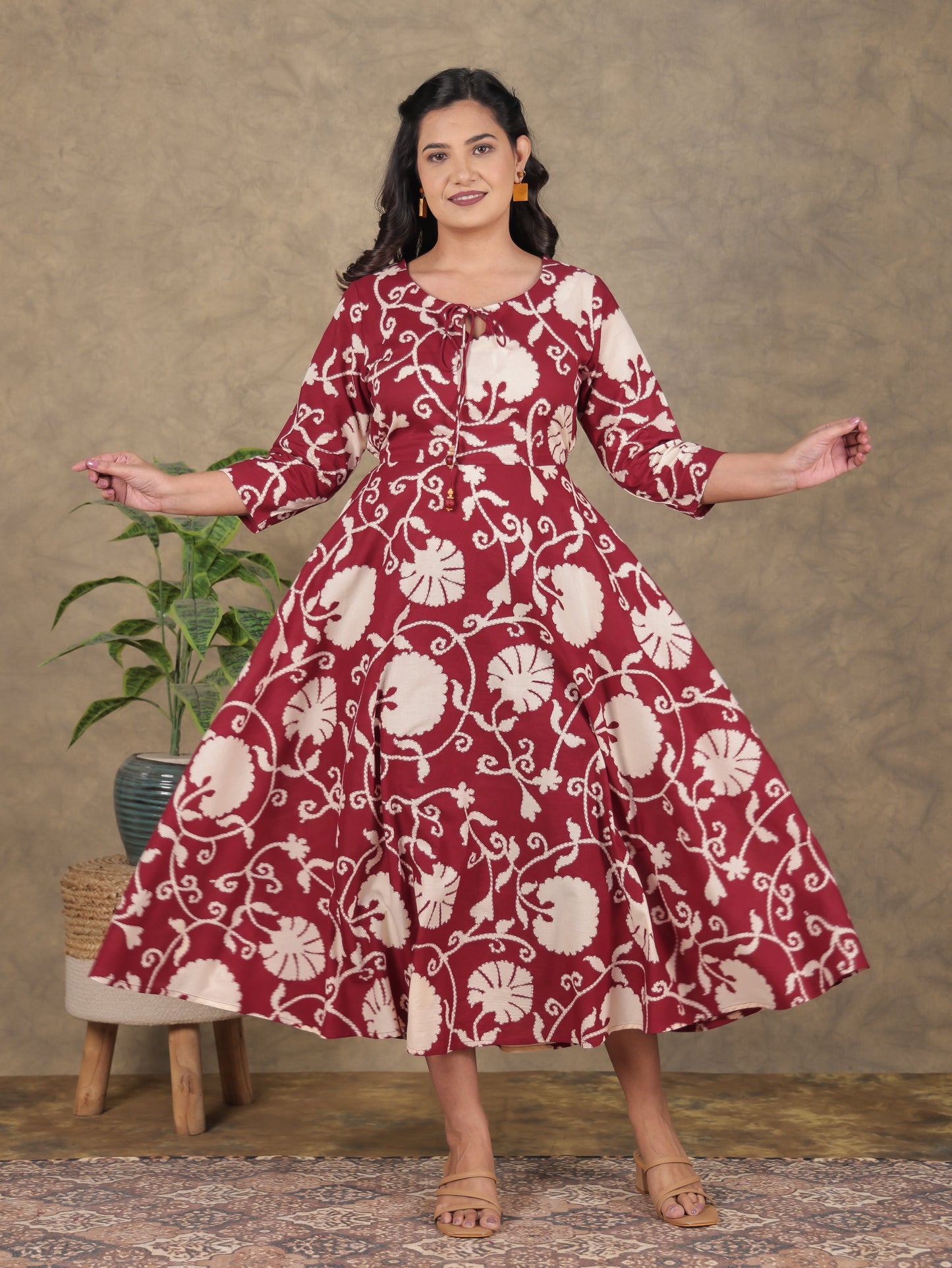 Soft Cotton Floral Flared Rust Dress