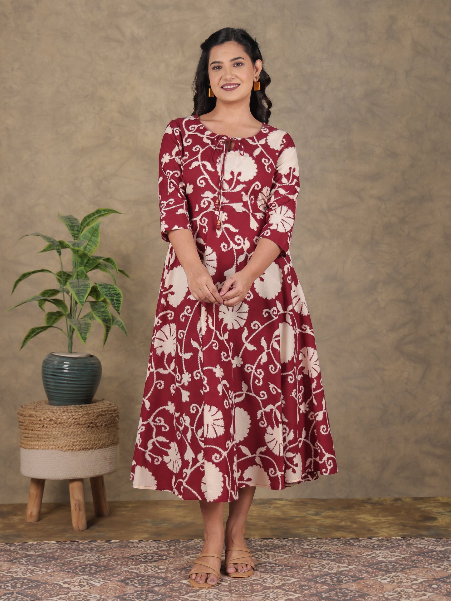 Soft Cotton Floral Flared Rust Dress
