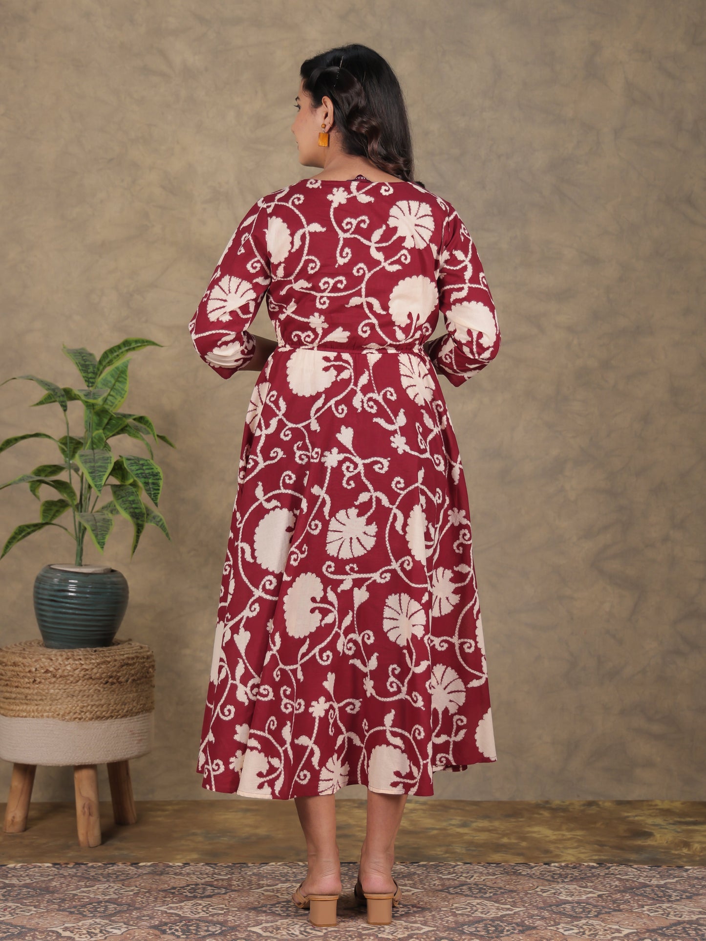 Soft Cotton Floral Flared Rust Dress