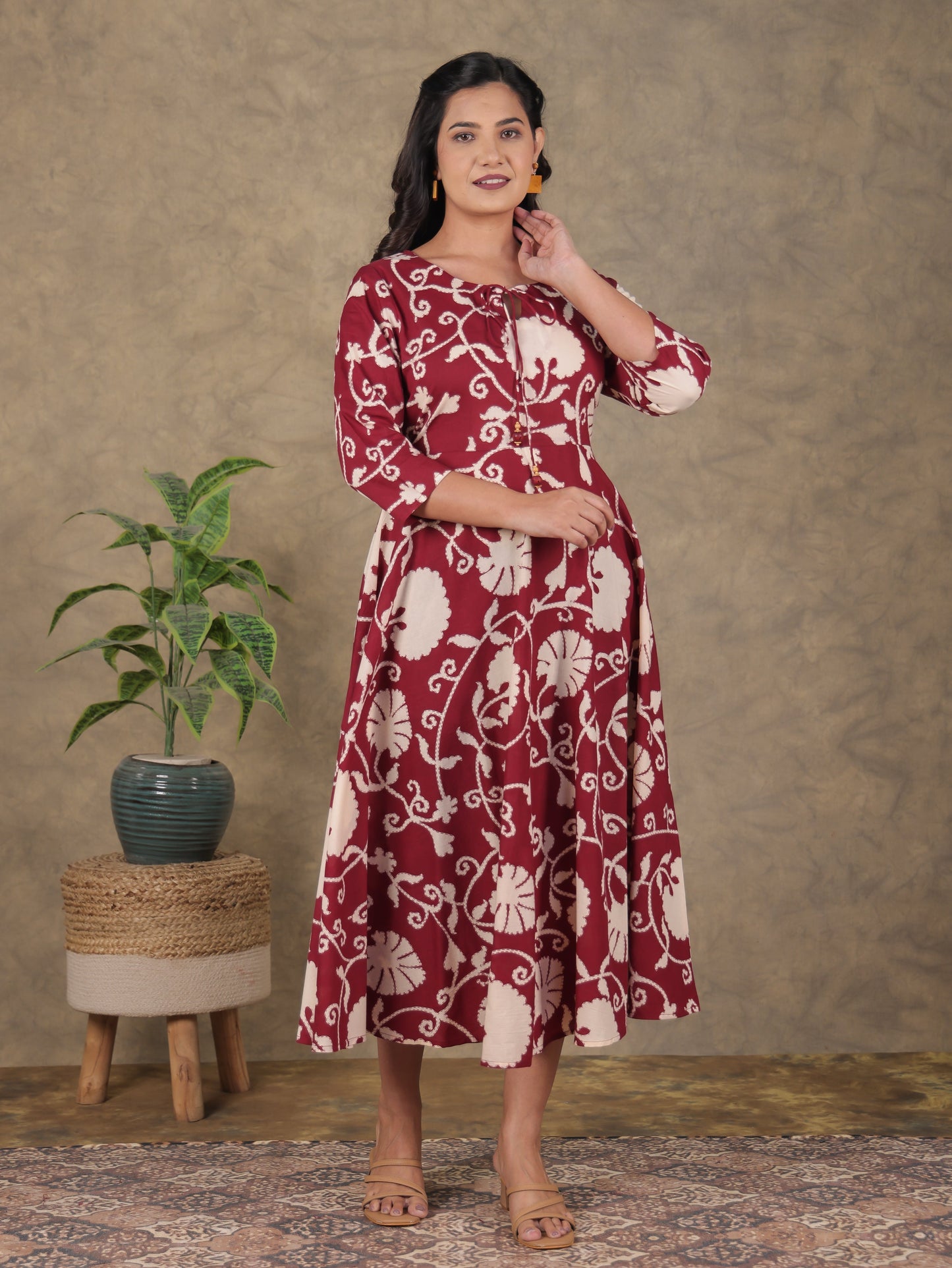 Soft Cotton Floral Flared Rust Dress