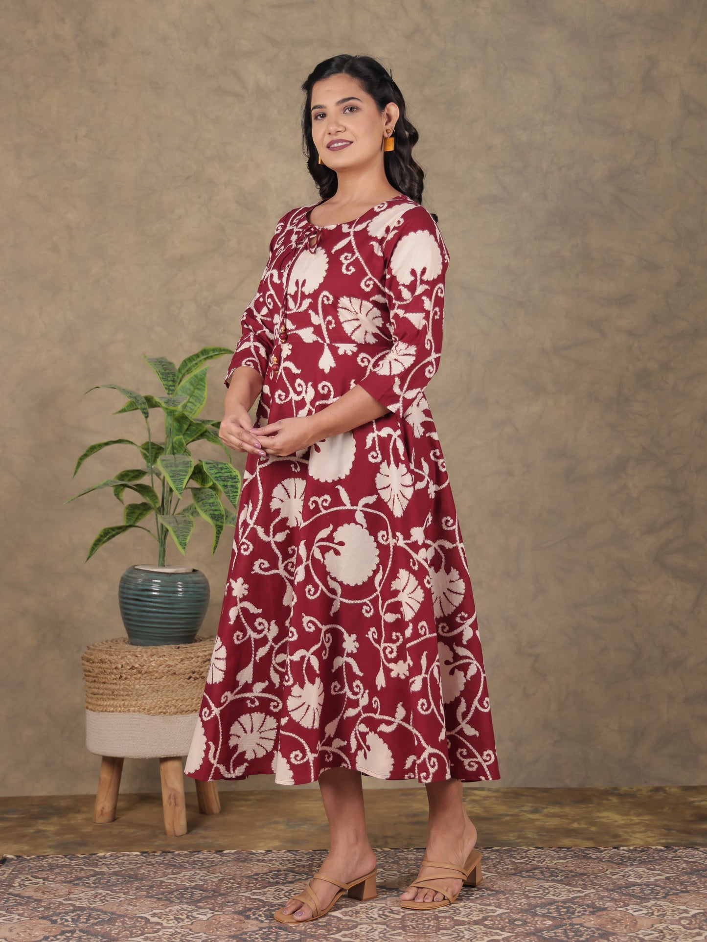 Soft Cotton Floral Flared Rust Dress