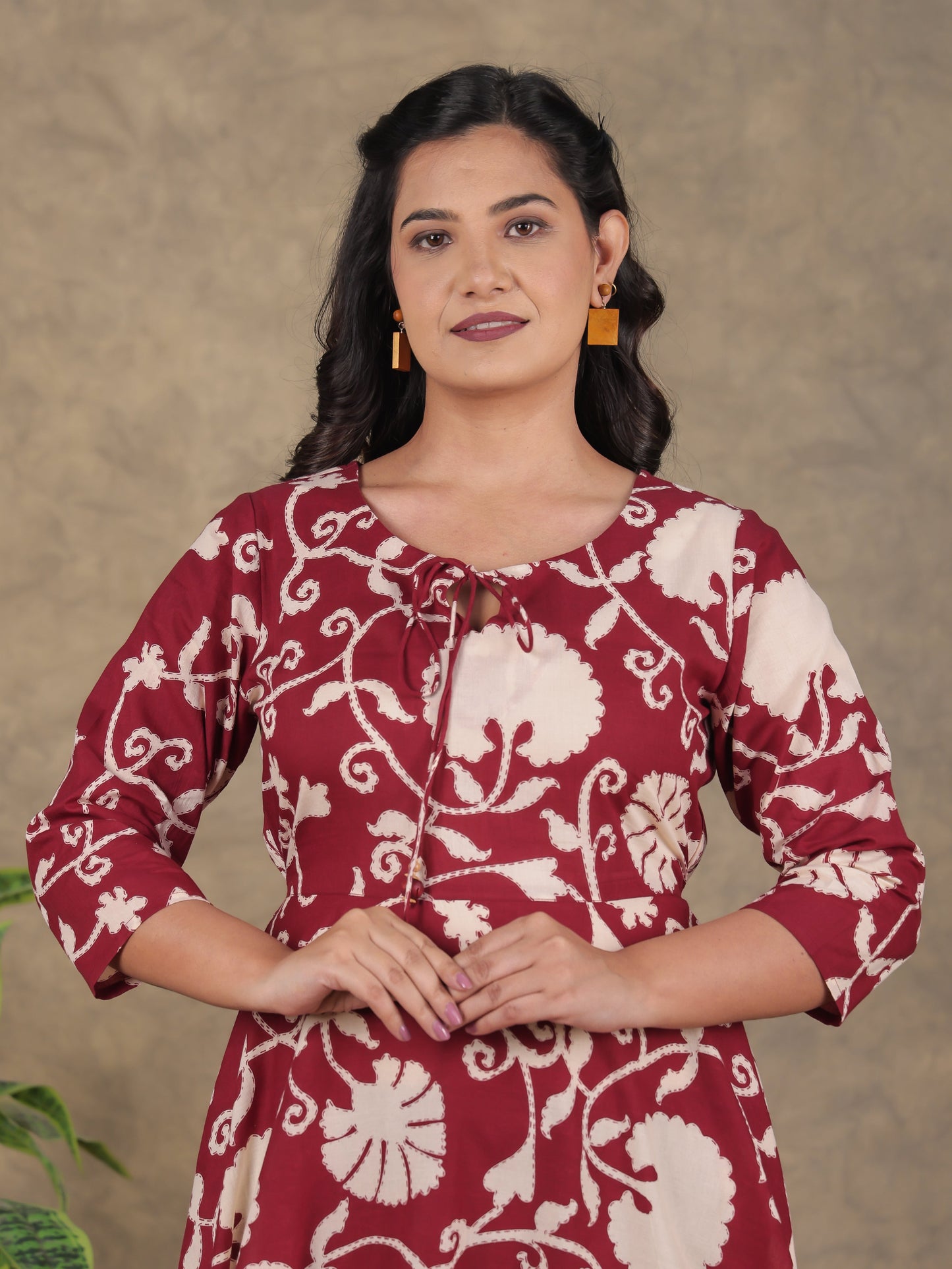 Soft Cotton Floral Flared Rust Dress