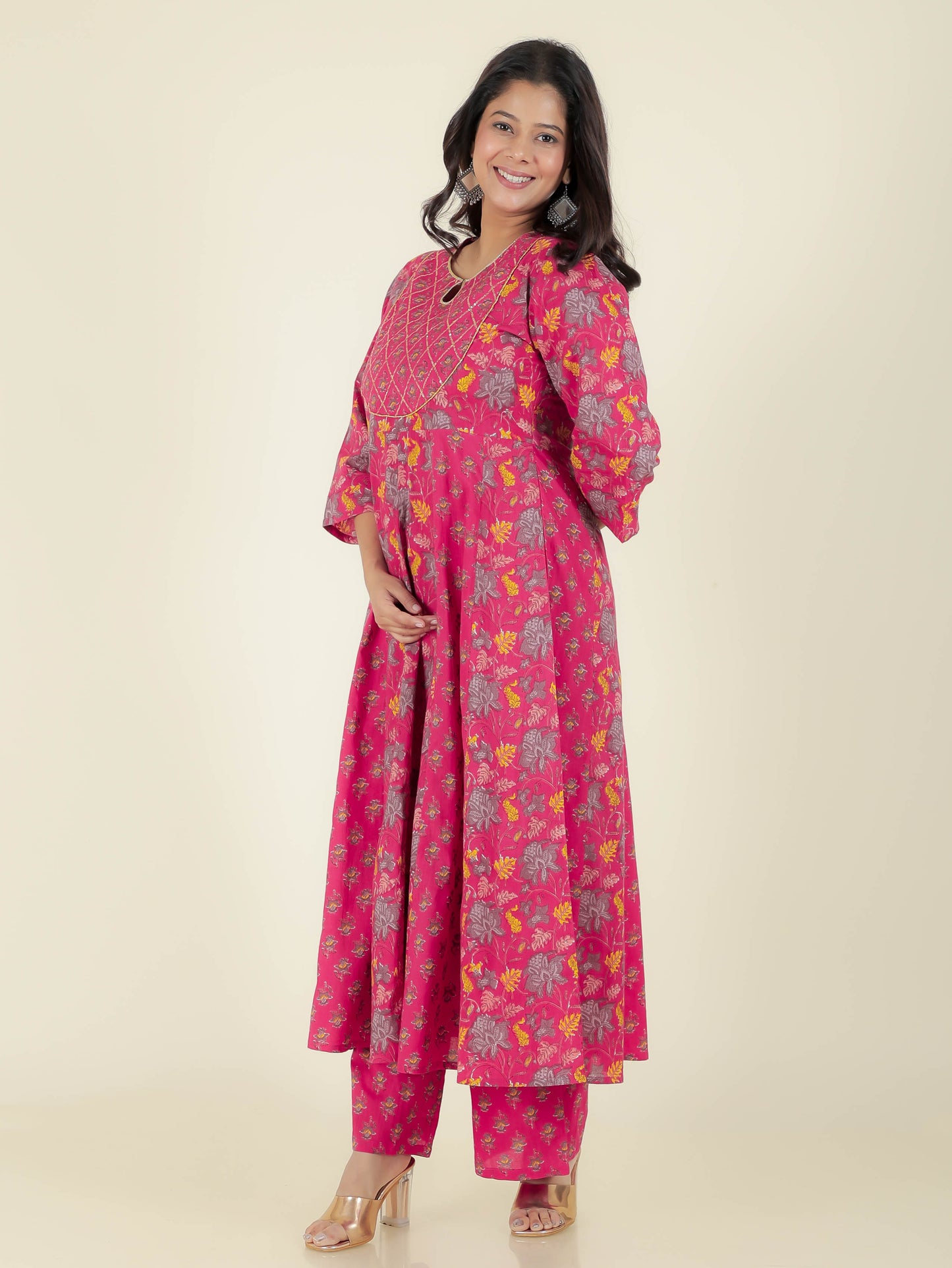 Embroidered Soft Cotton Floral Anarkali Pink Kurta