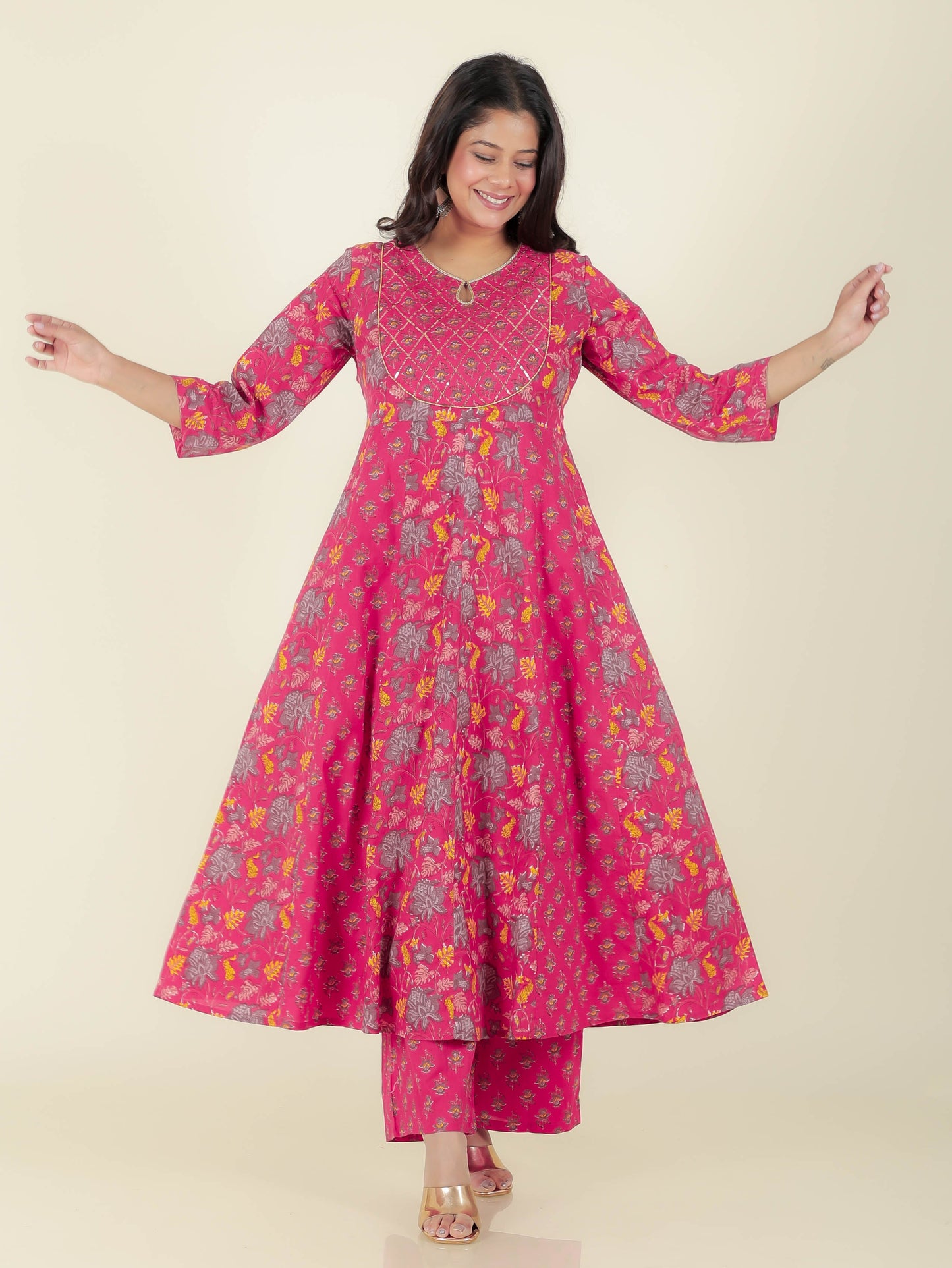 Embroidered Soft Cotton Floral Anarkali Pink Kurta