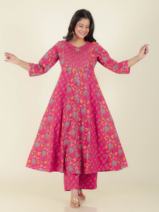 Embroidered Soft Cotton Floral Anarkali Pink Kurta