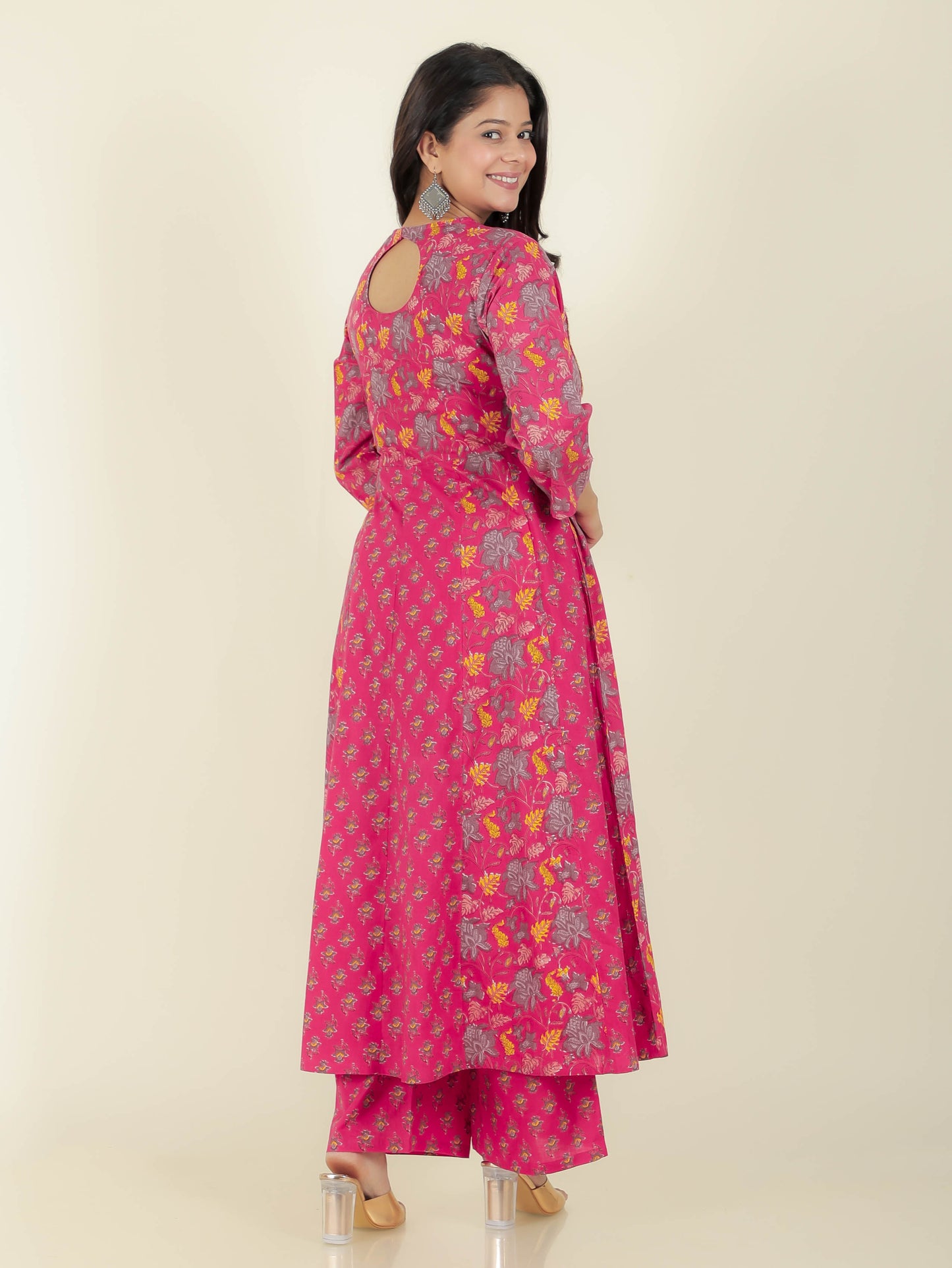 Embroidered Soft Cotton Floral Anarkali Pink Kurta