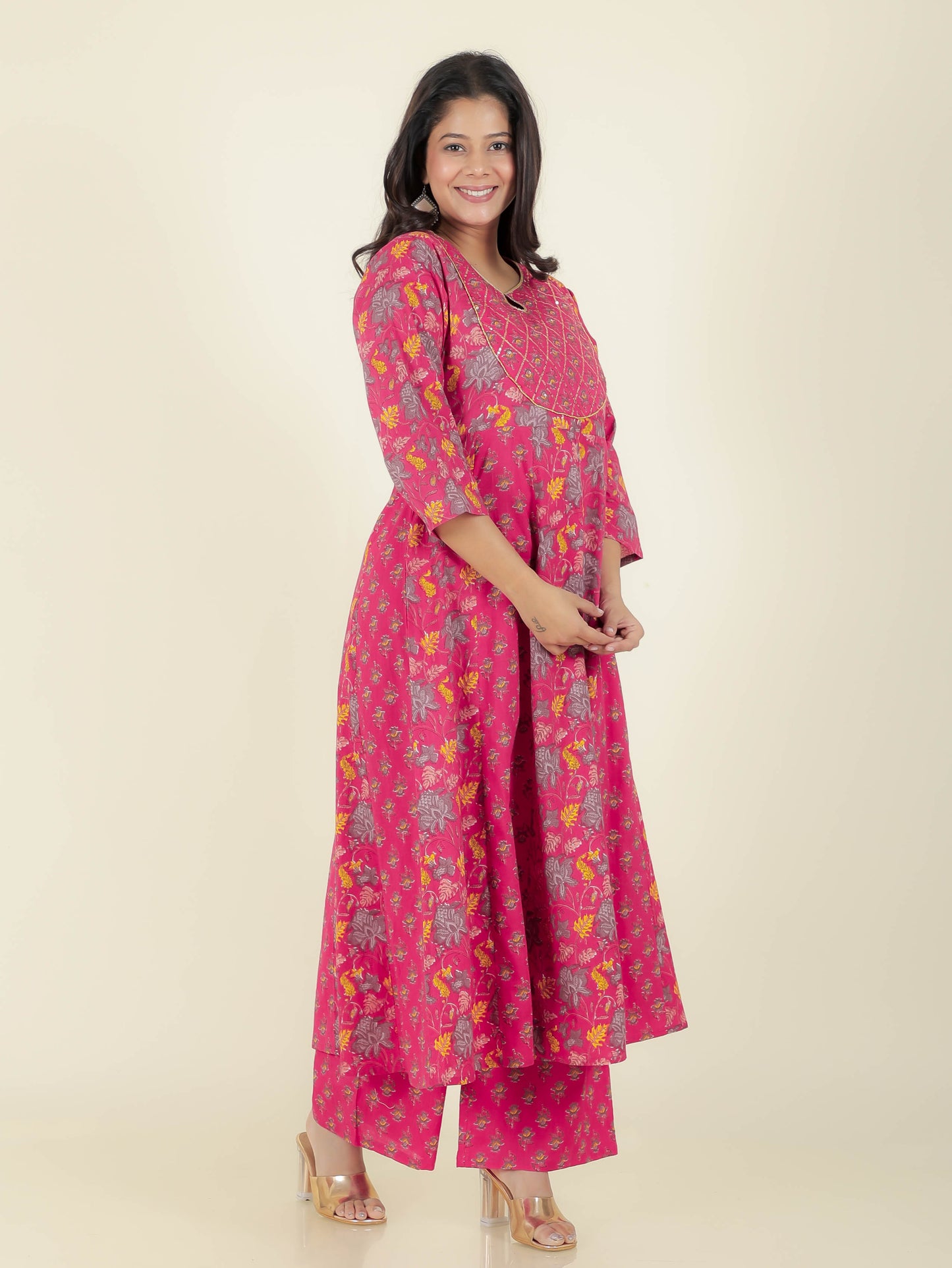 Embroidered Soft Cotton Floral Anarkali Pink Kurta