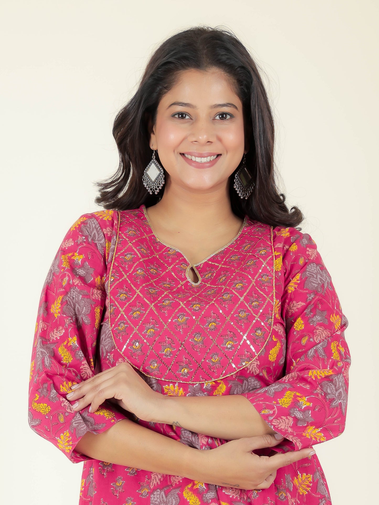 Embroidered Soft Cotton Floral Anarkali Pink Kurta