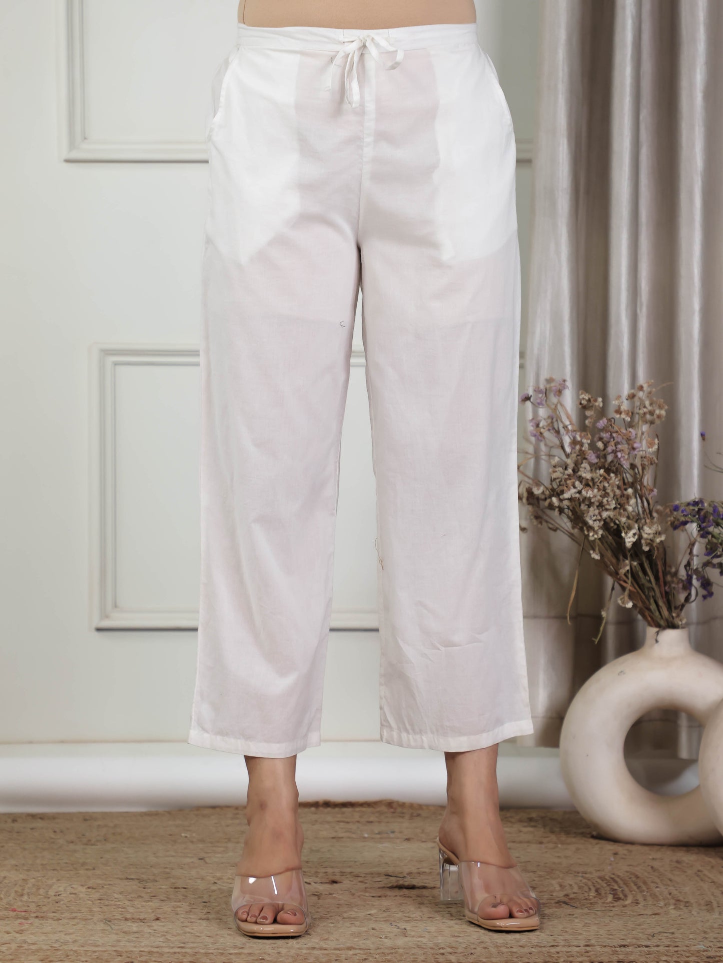 Soft Cotton Solid White Tapered Trousers