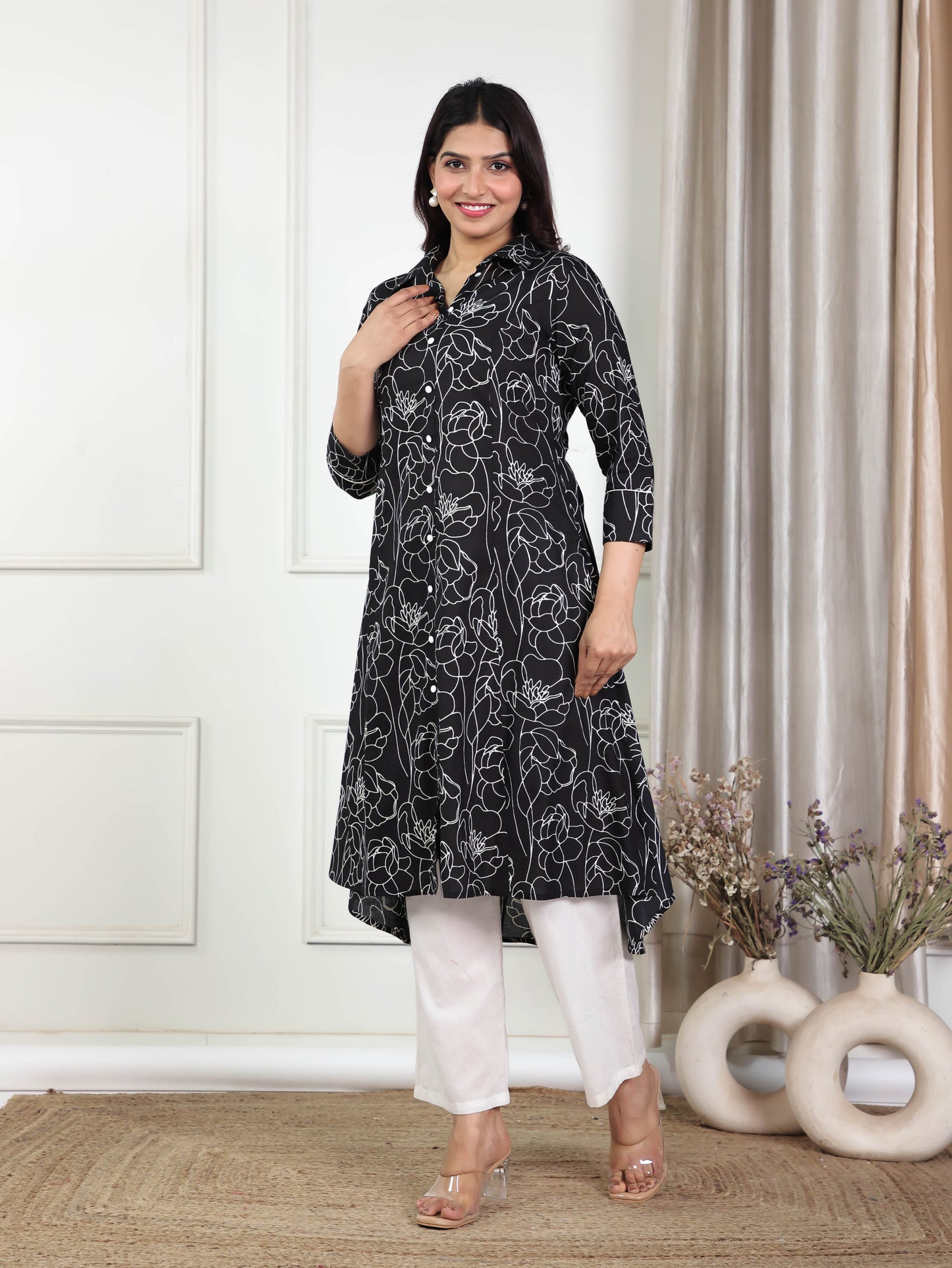 Soft Cotton Floral High Low Black Kurta