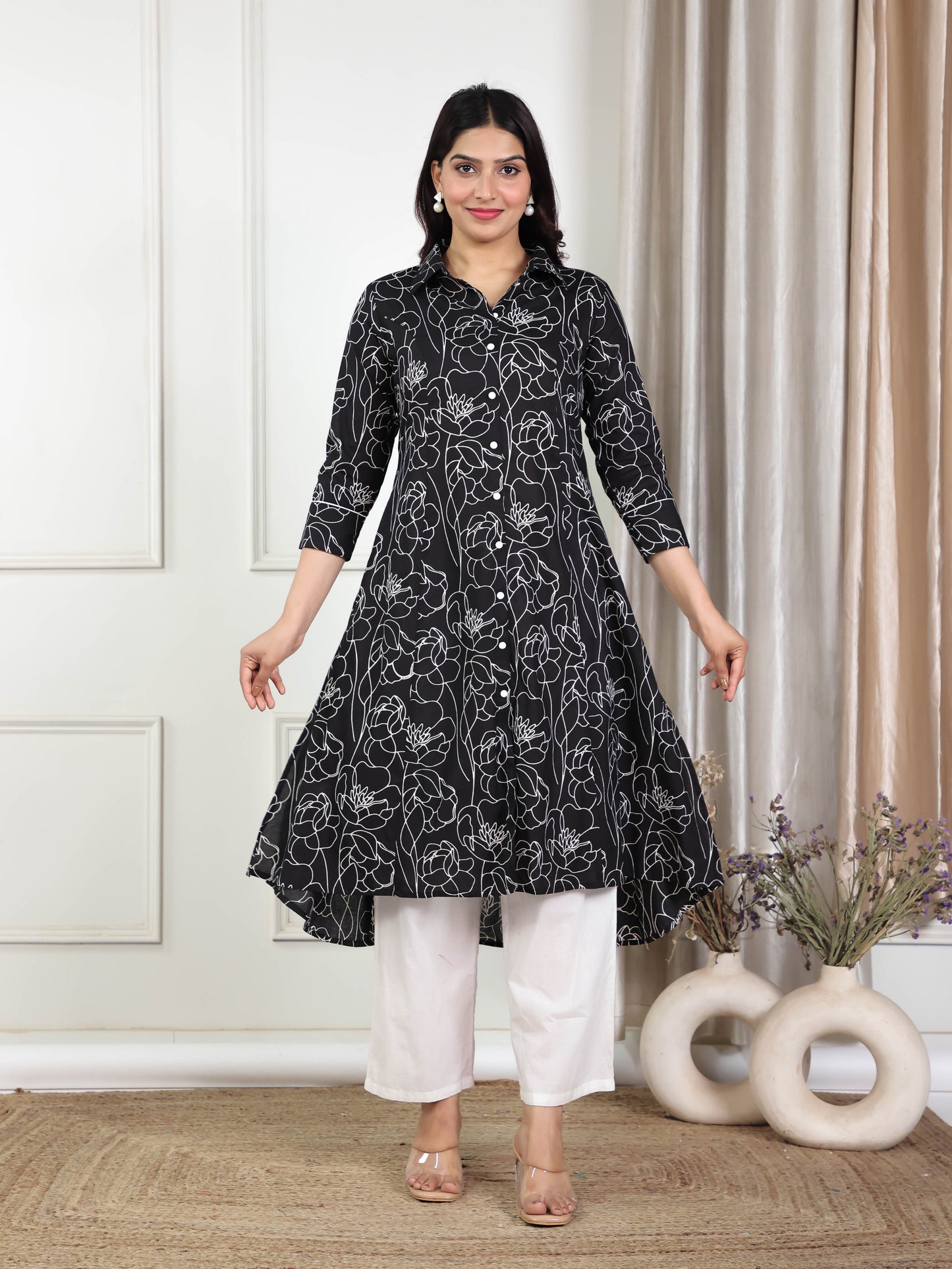 Soft Cotton Floral High Low Black Kurta