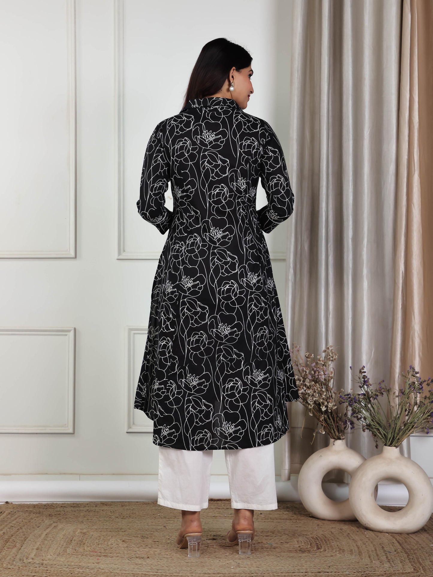 Soft Cotton Floral High Low Black Kurta