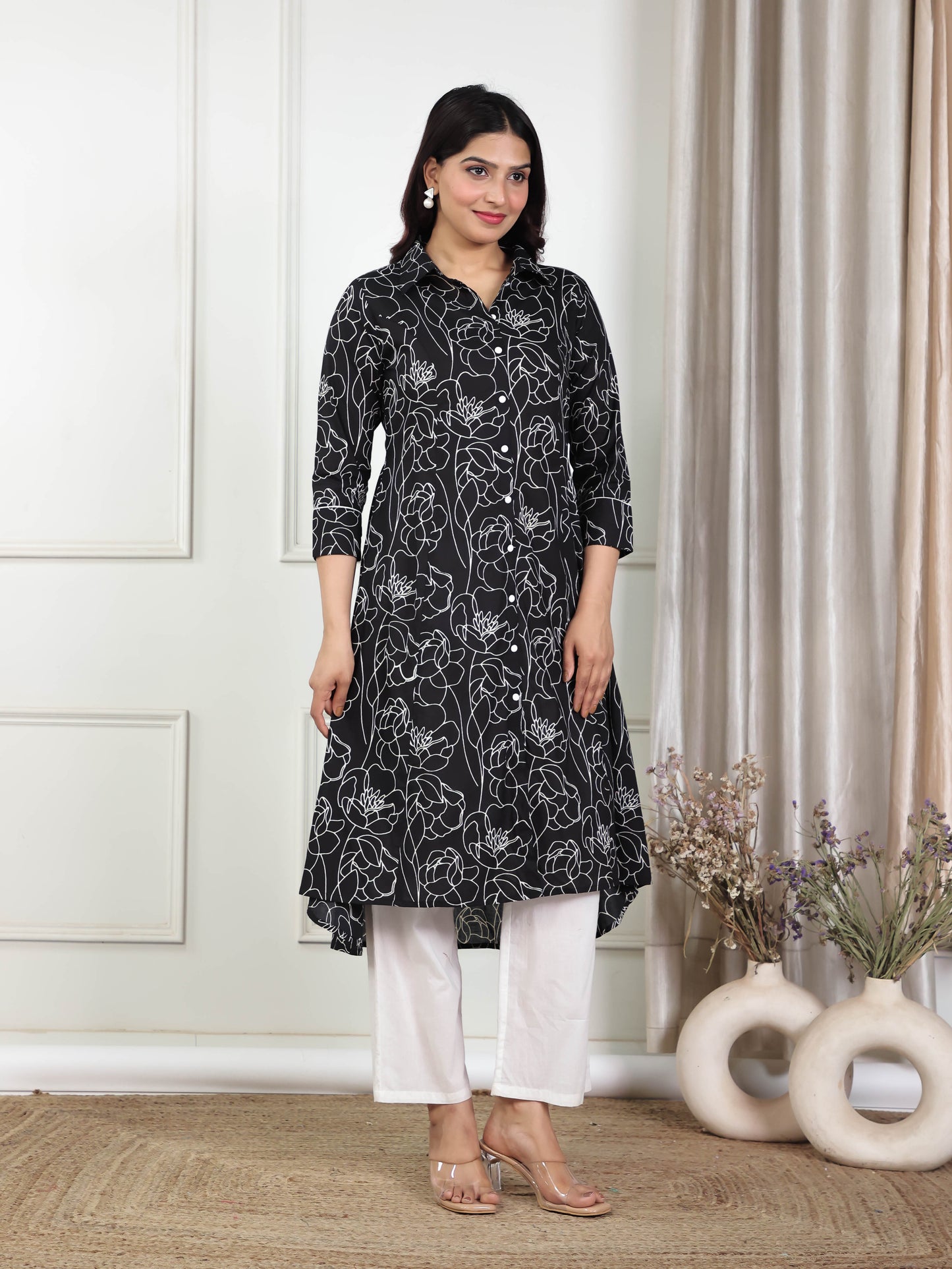 Soft Cotton Floral High Low Black Kurta
