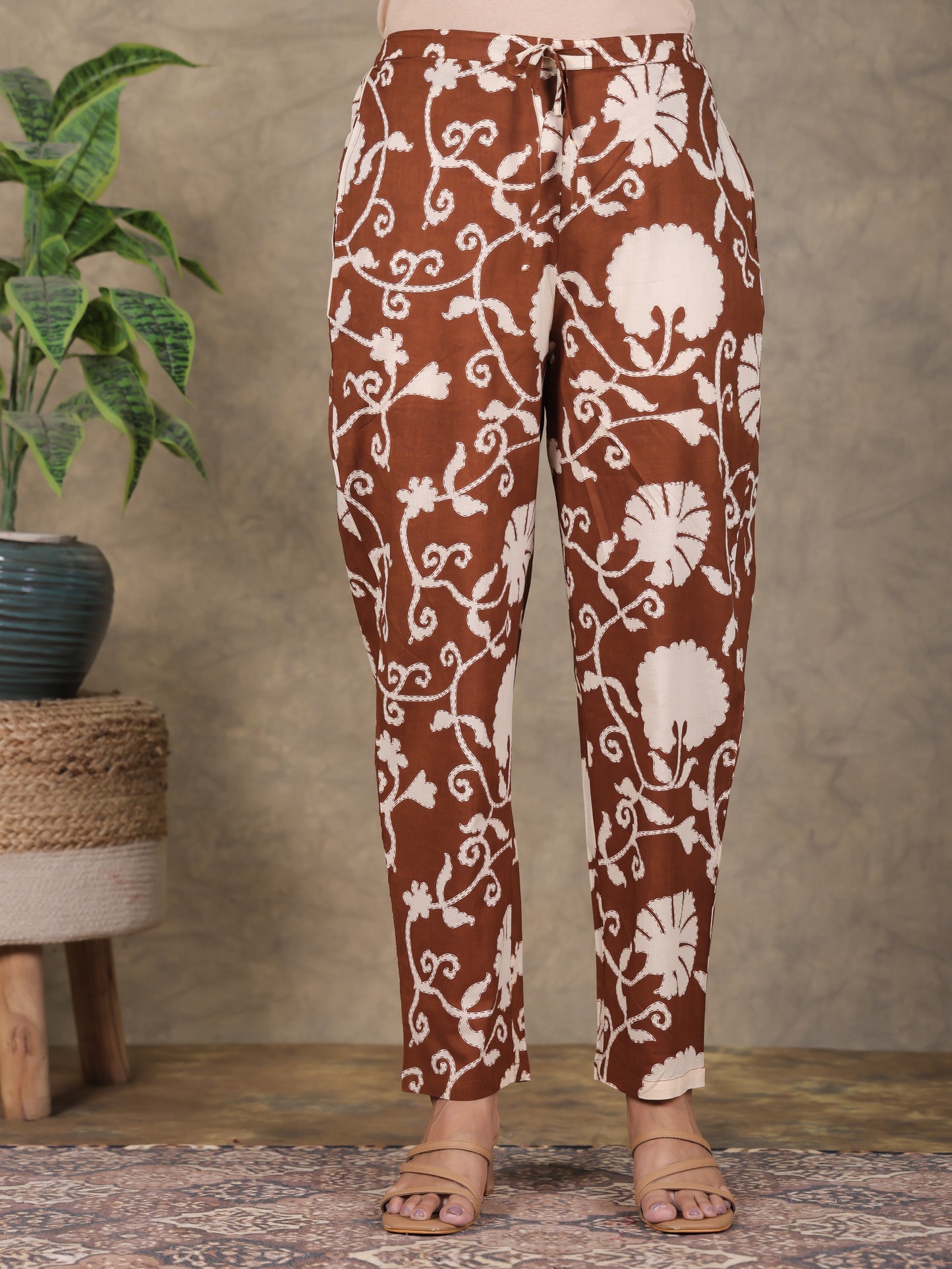 Soft Cotton Floral Brown Tapered Trousers