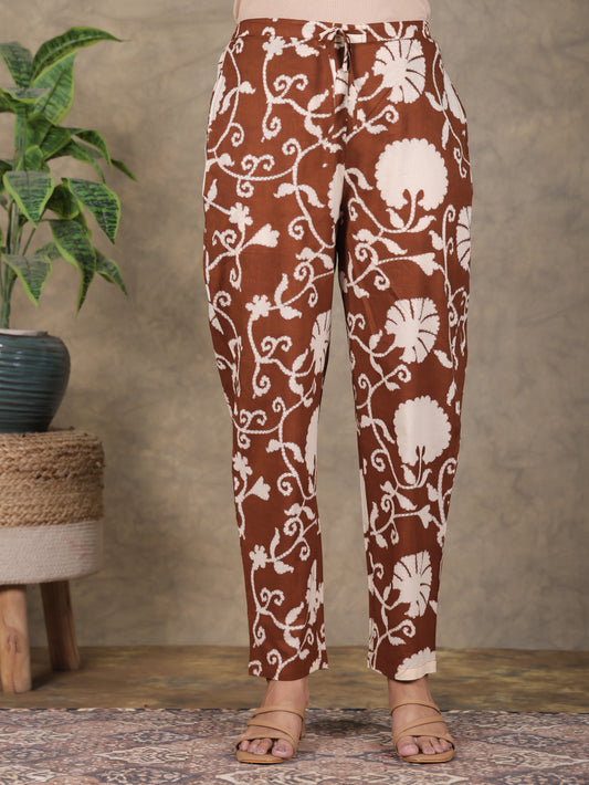Soft Cotton Floral Brown Tapered Trousers