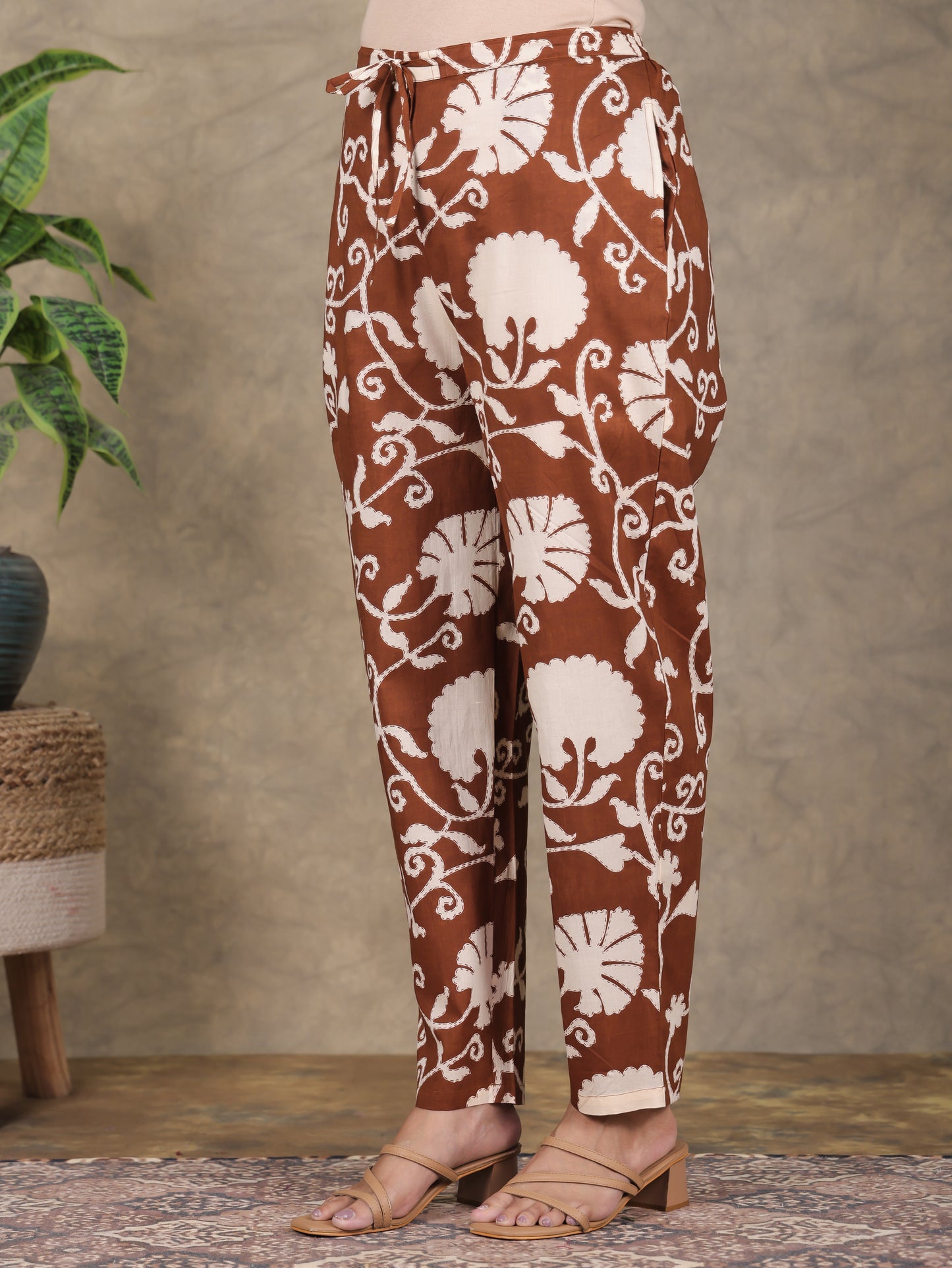 Soft Cotton Floral Brown Tapered Trousers
