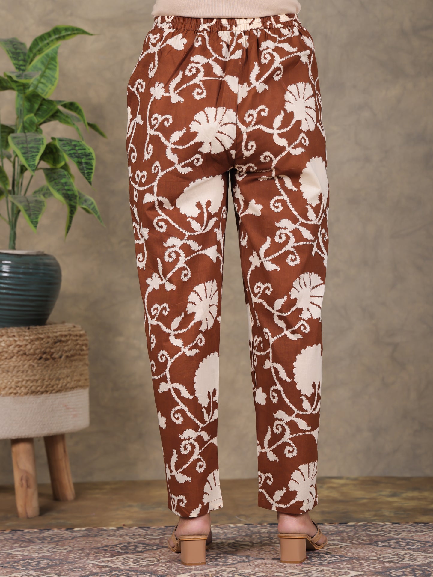 Soft Cotton Floral Brown Tapered Trousers