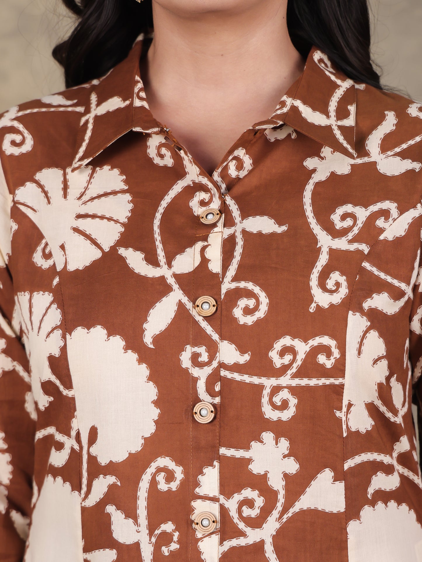 Soft Cotton Floral High Low Brown Kurta