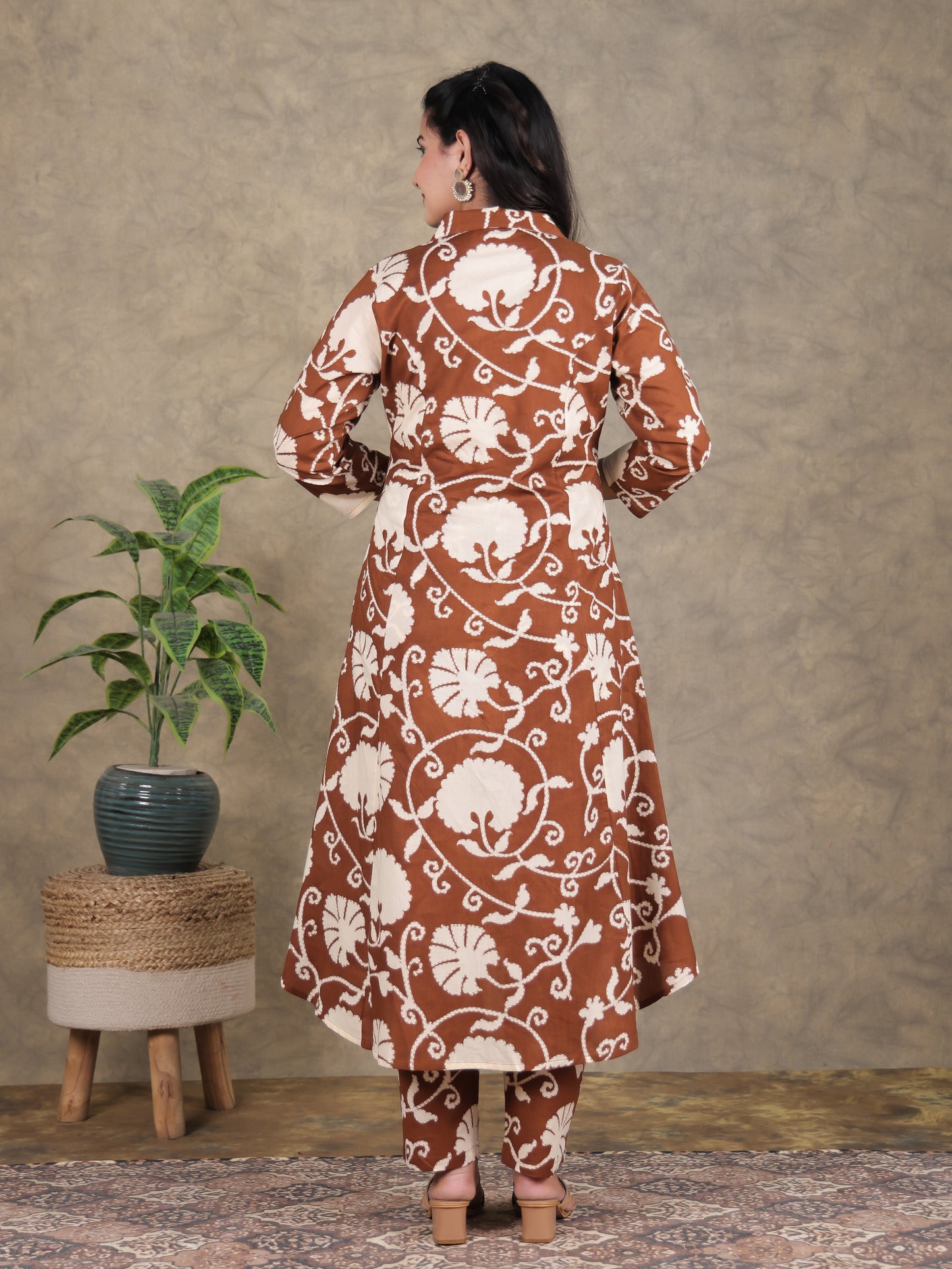 Soft Cotton Floral High Low Brown Kurta