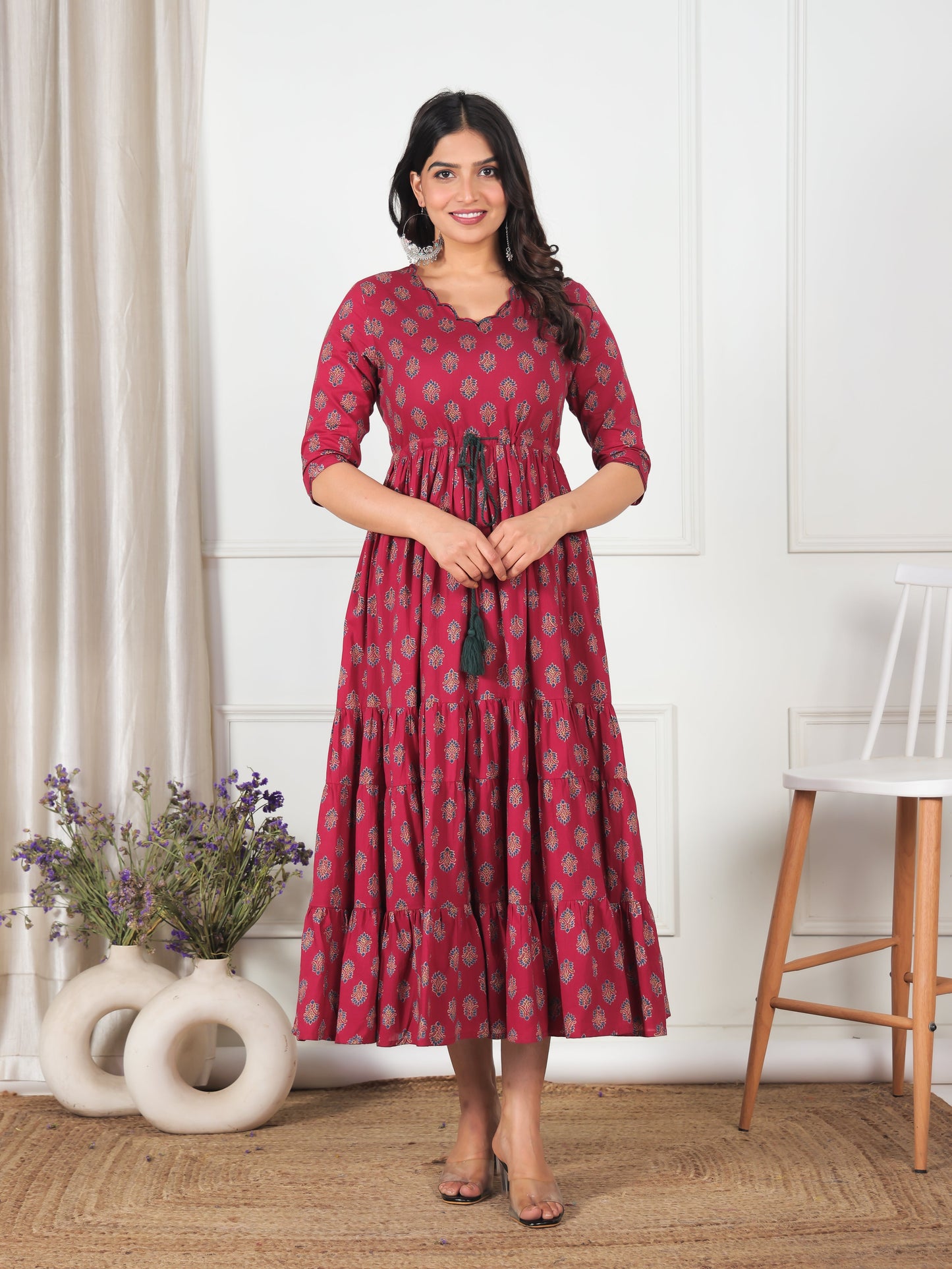 Embroidered Soft Cotton Floral Tiered Maroon Dress