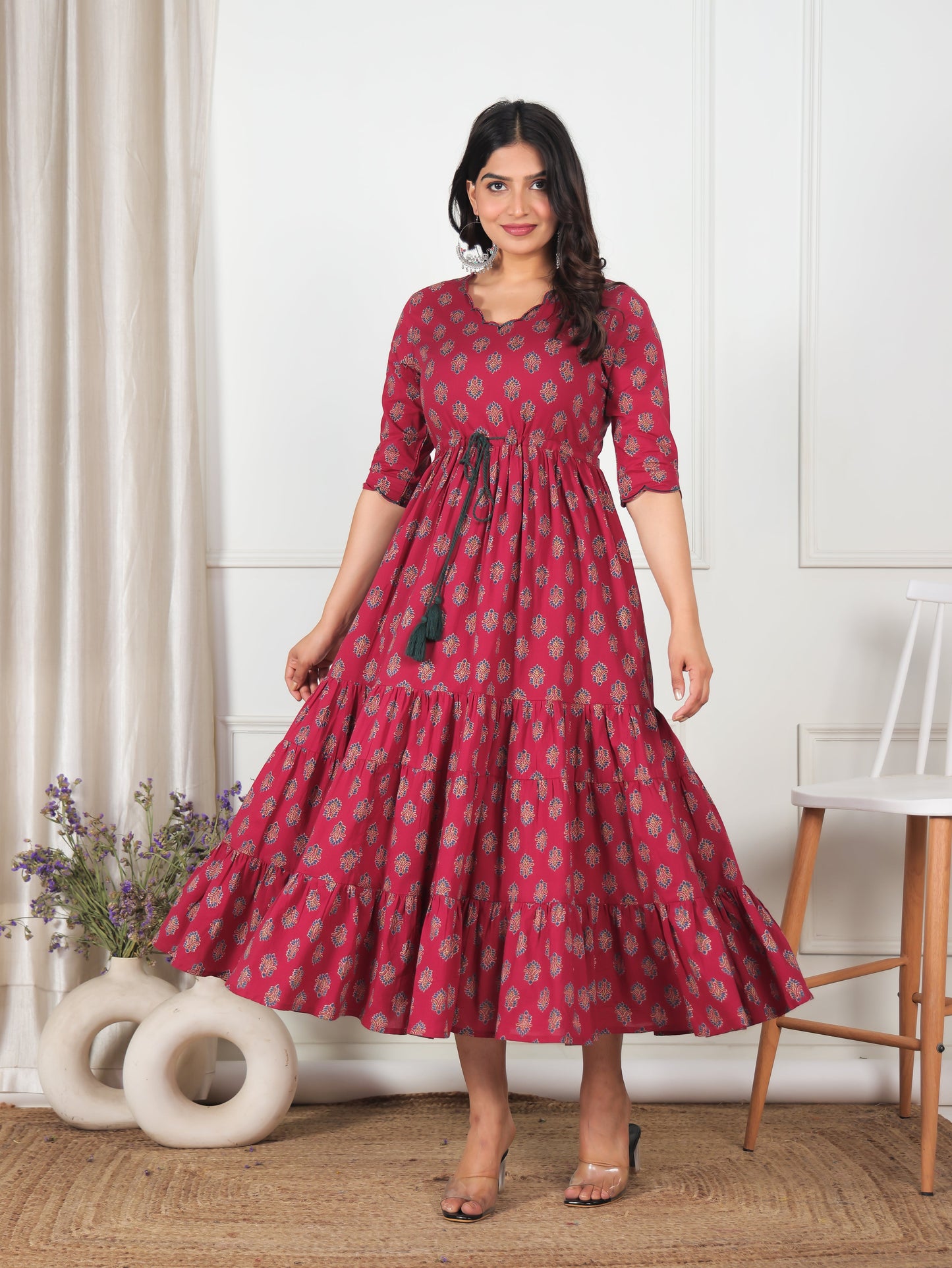 Embroidered Soft Cotton Floral Tiered Maroon Dress