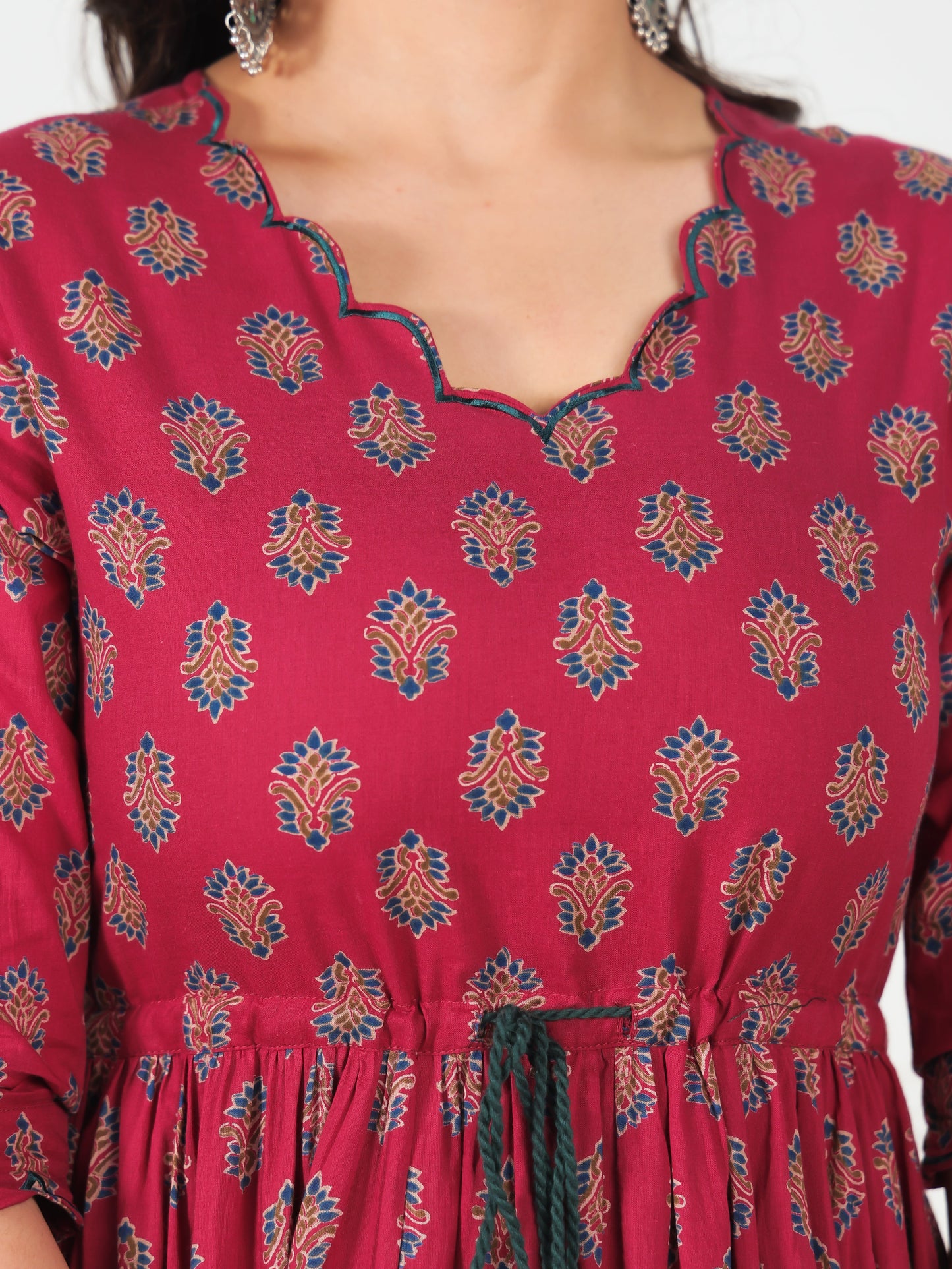 Embroidered Soft Cotton Floral Tiered Maroon Dress