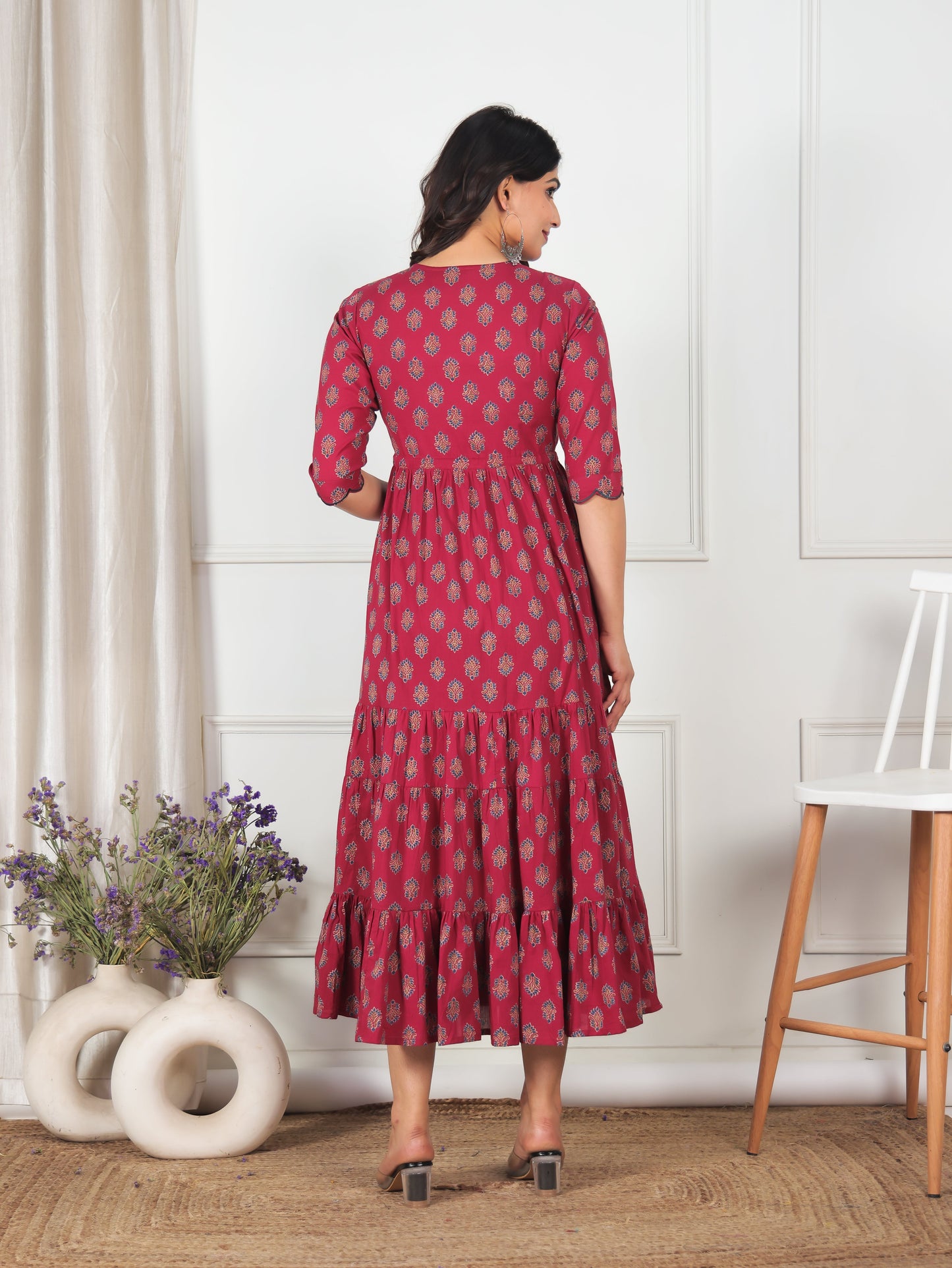 Embroidered Soft Cotton Floral Tiered Maroon Dress