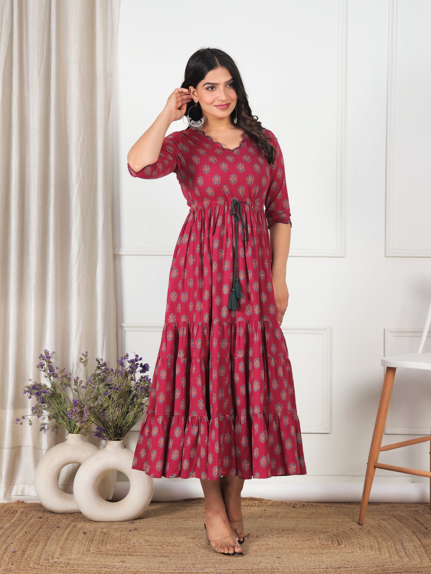 Embroidered Soft Cotton Floral Tiered Maroon Dress