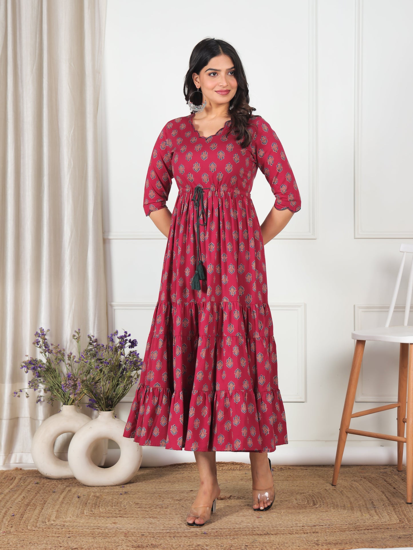 Embroidered Soft Cotton Floral Tiered Maroon Dress