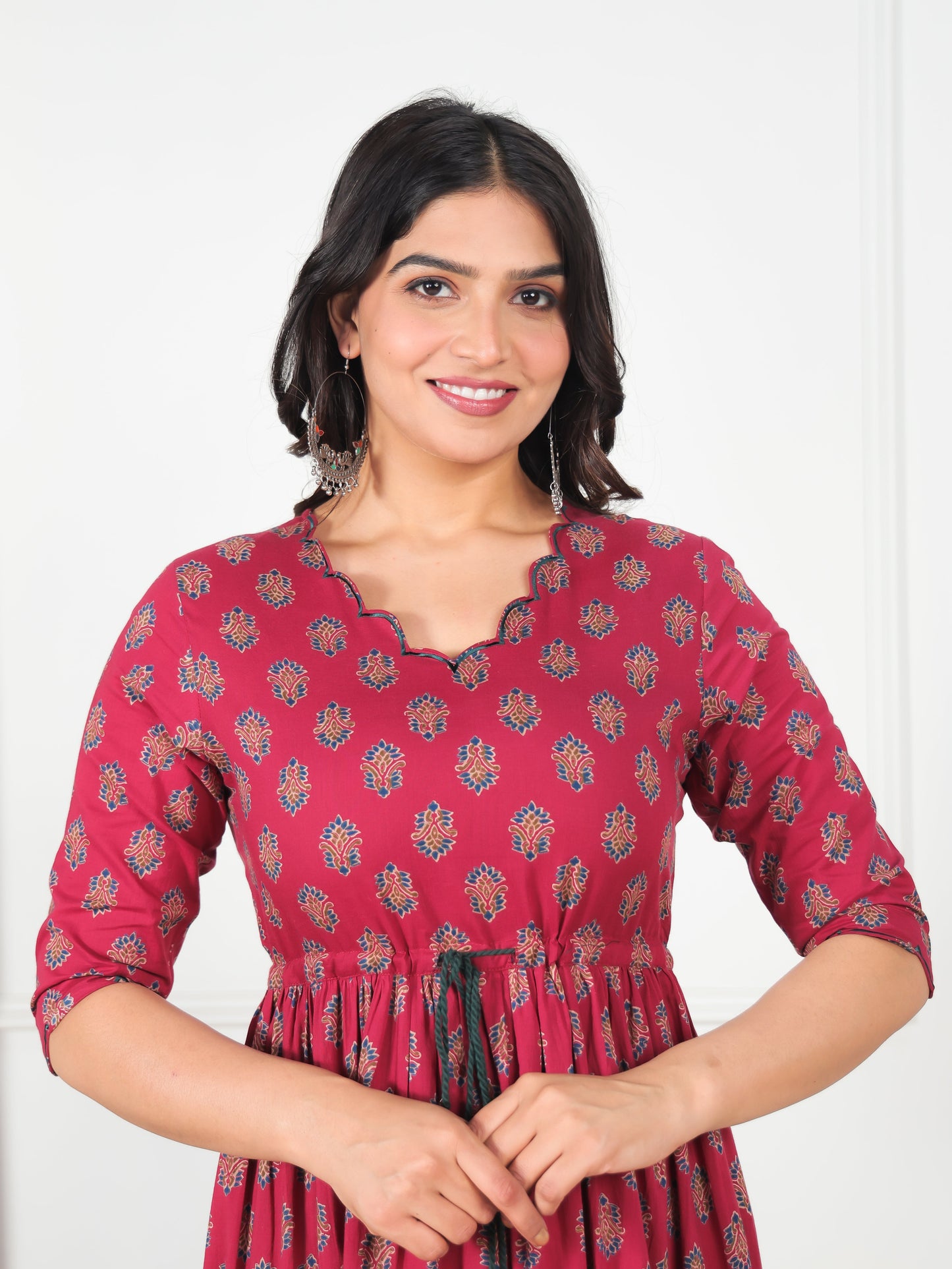 Embroidered Soft Cotton Floral Tiered Maroon Dress