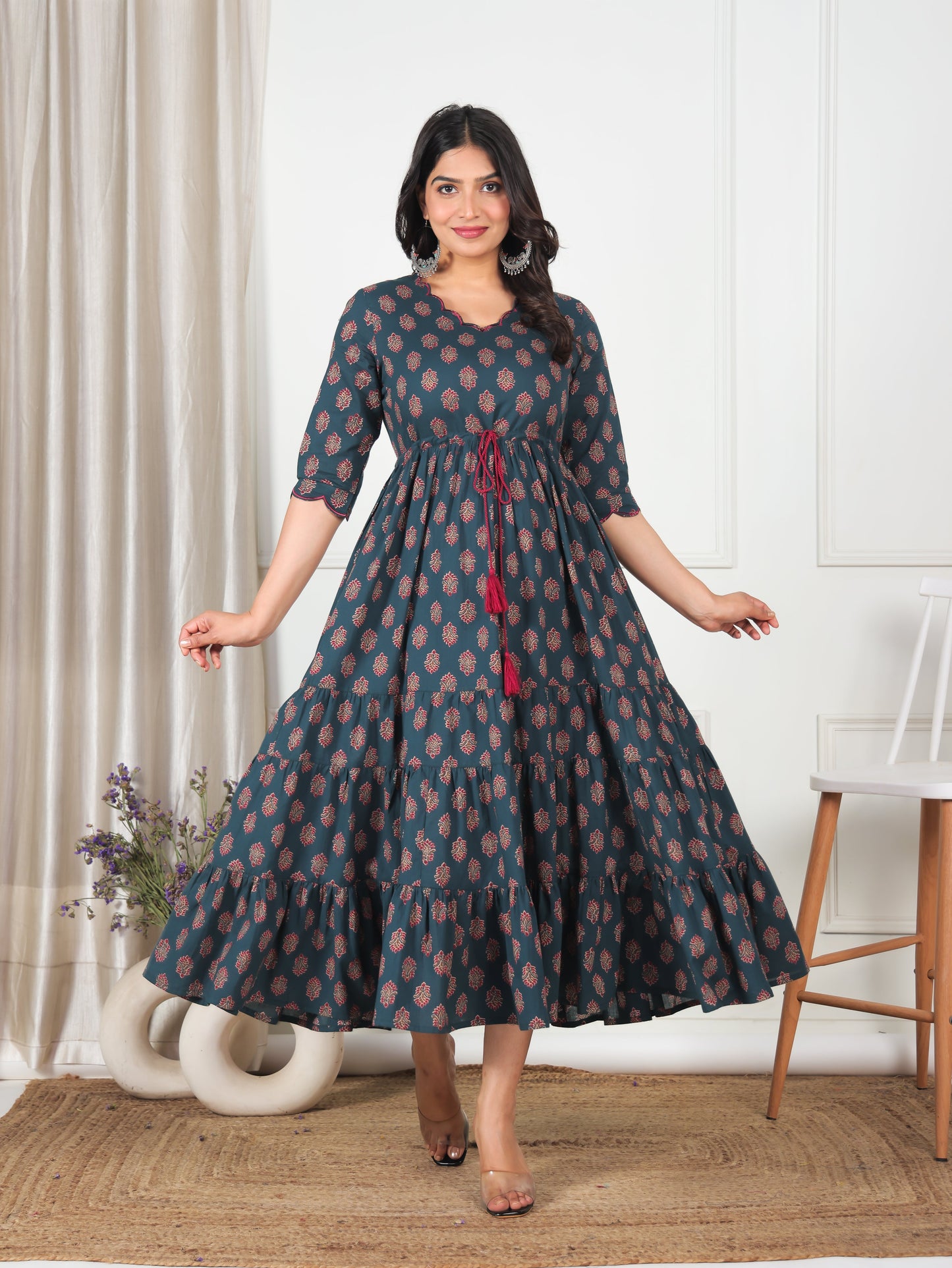 Embroidered Soft Cotton Floral Tiered Green Dress
