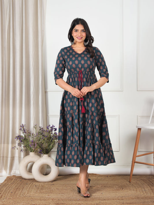 Embroidered Soft Cotton Floral Tiered Green Dress