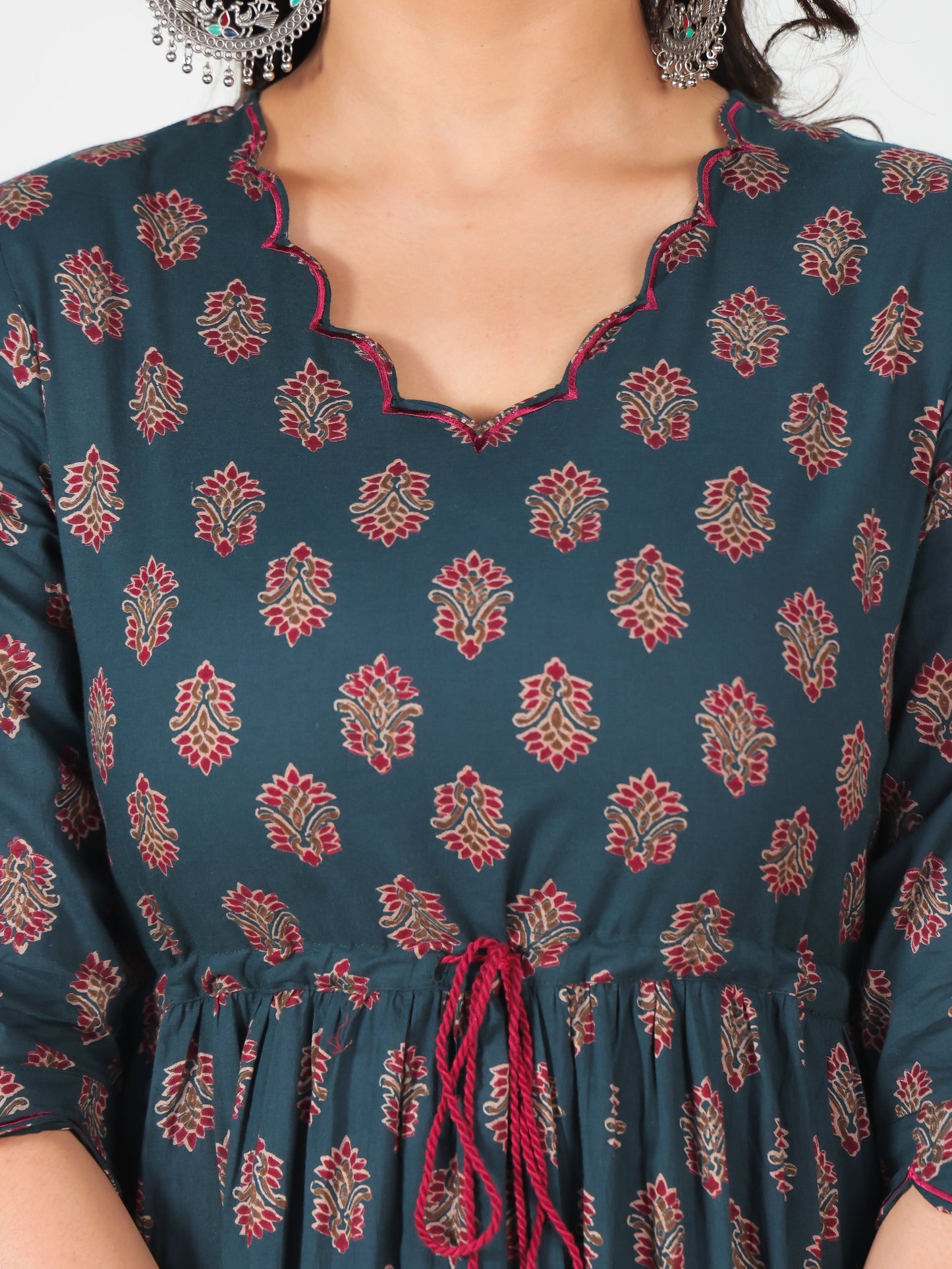 Embroidered Soft Cotton Floral Tiered Green Dress