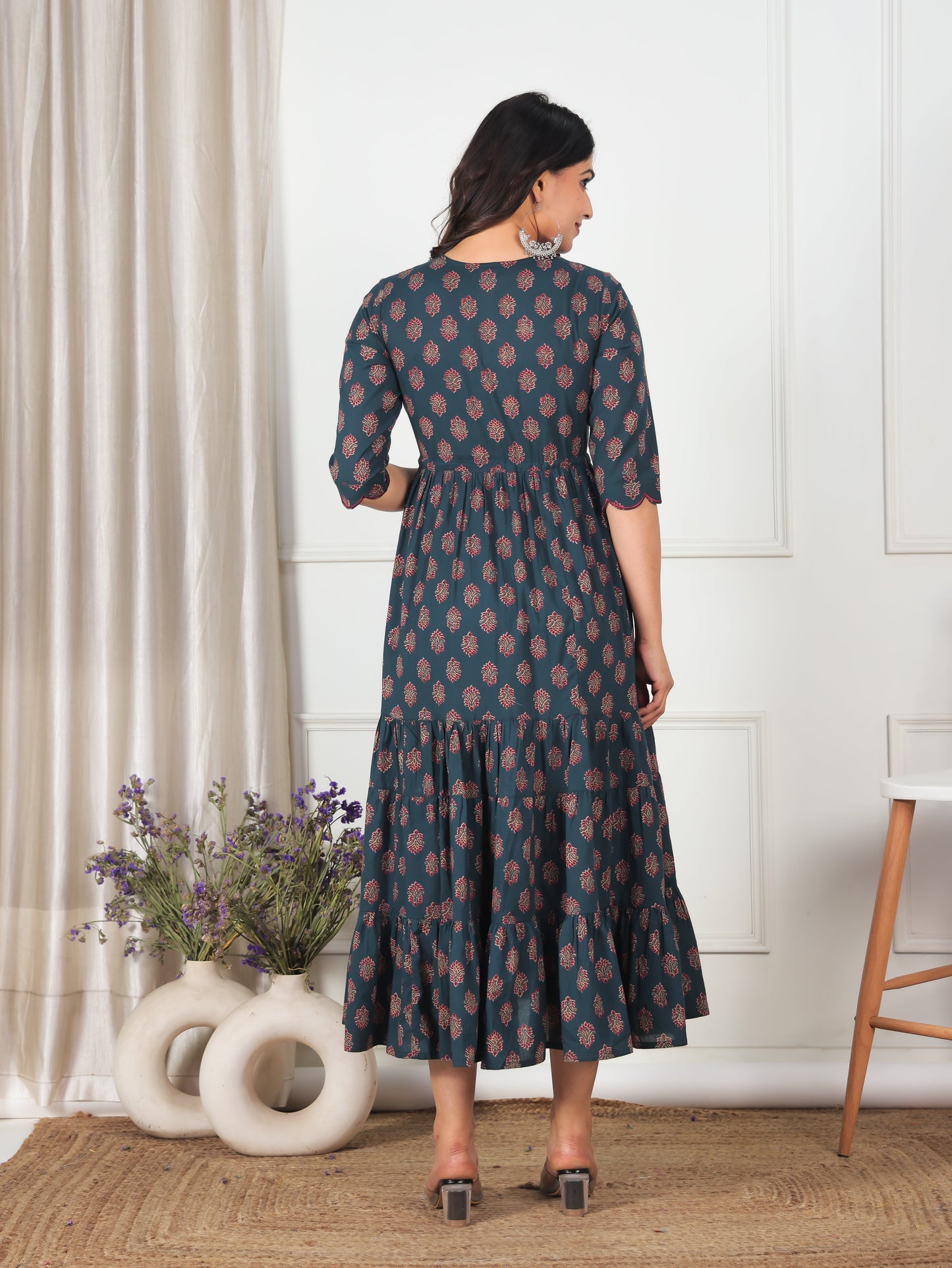 Embroidered Soft Cotton Floral Tiered Green Dress