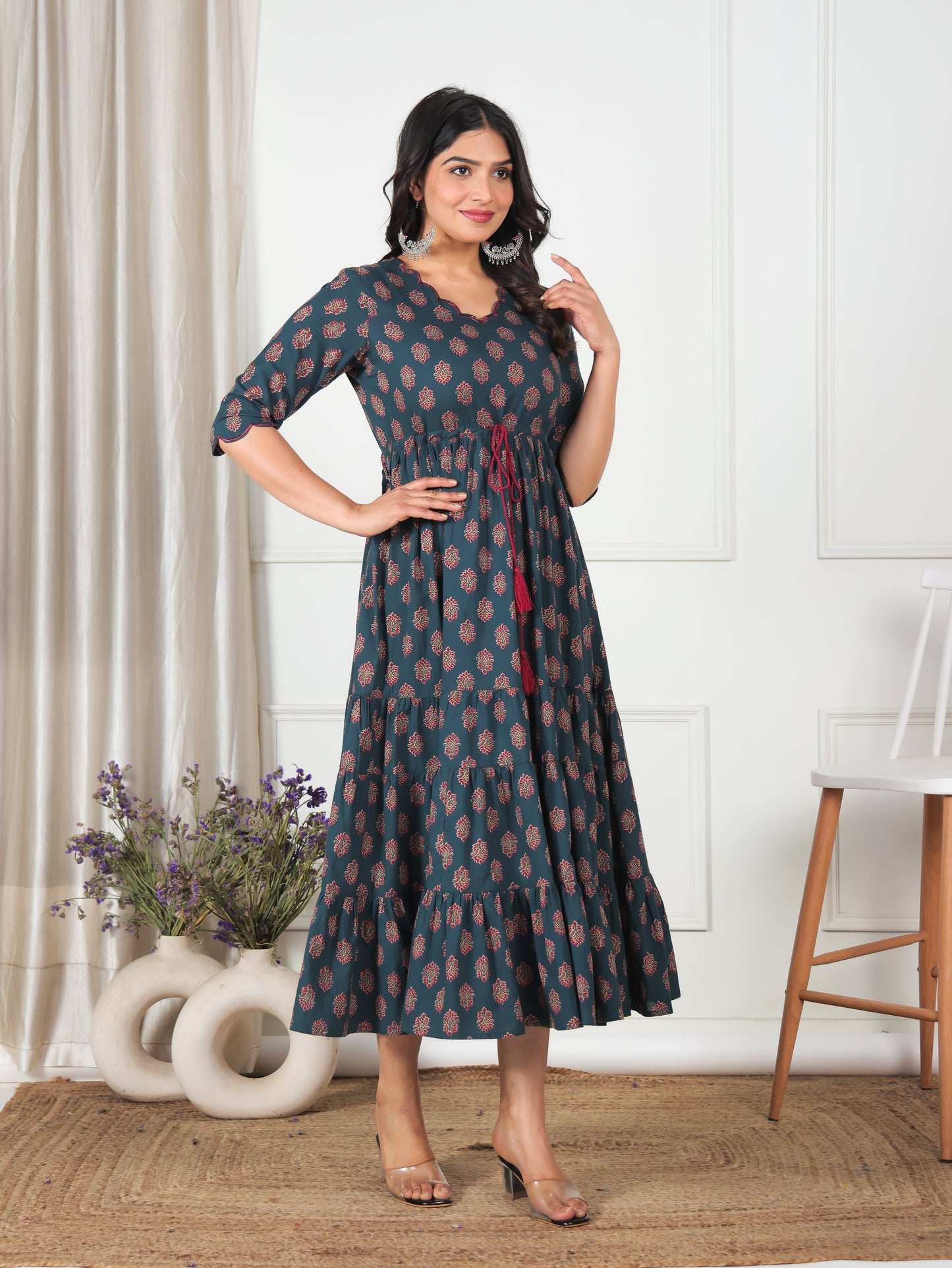 Embroidered Soft Cotton Floral Tiered Green Dress