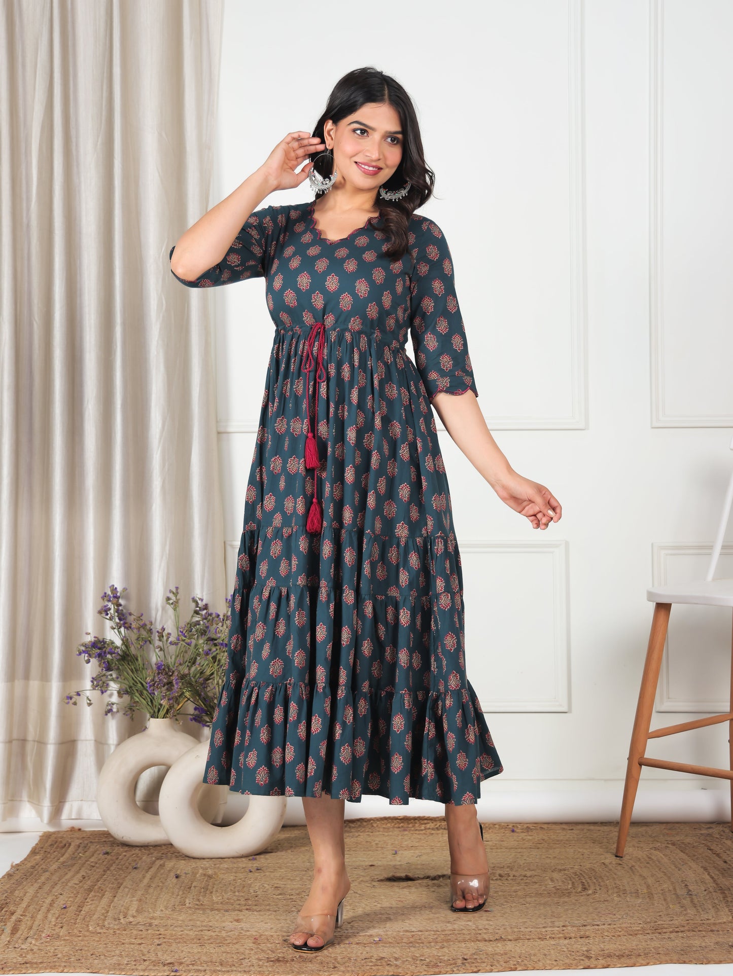 Embroidered Soft Cotton Floral Tiered Green Dress