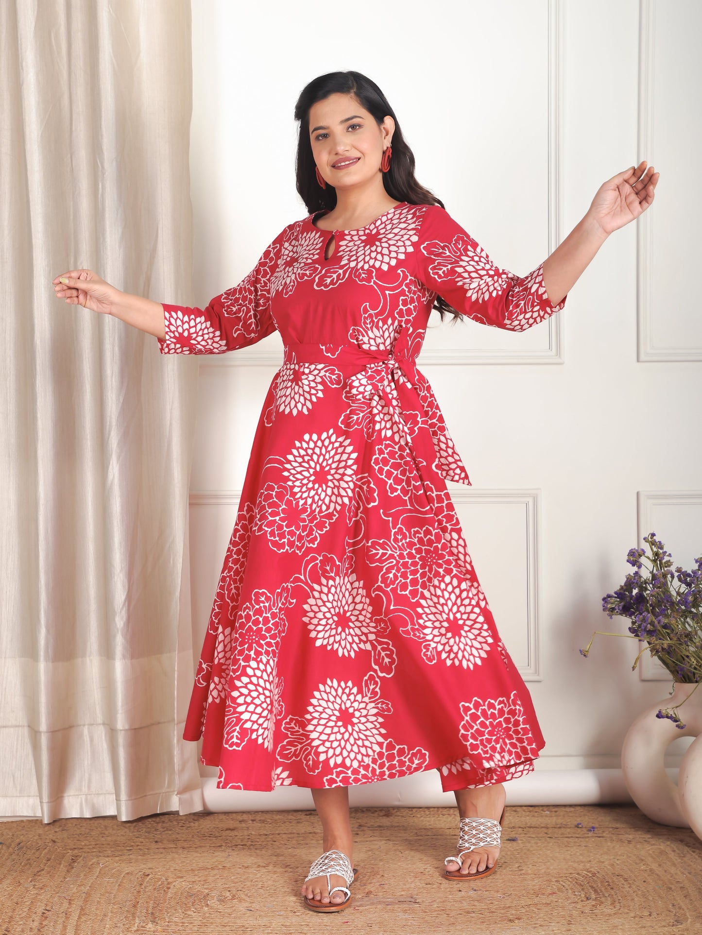 Soft Cotton Floral Anarkali Red Dress (With Belt)