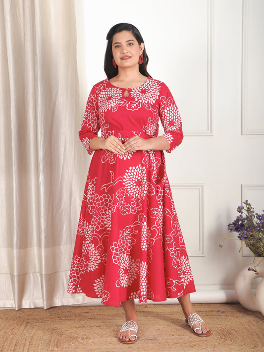 Soft Cotton Floral Anarkali Red Dress (With Belt)