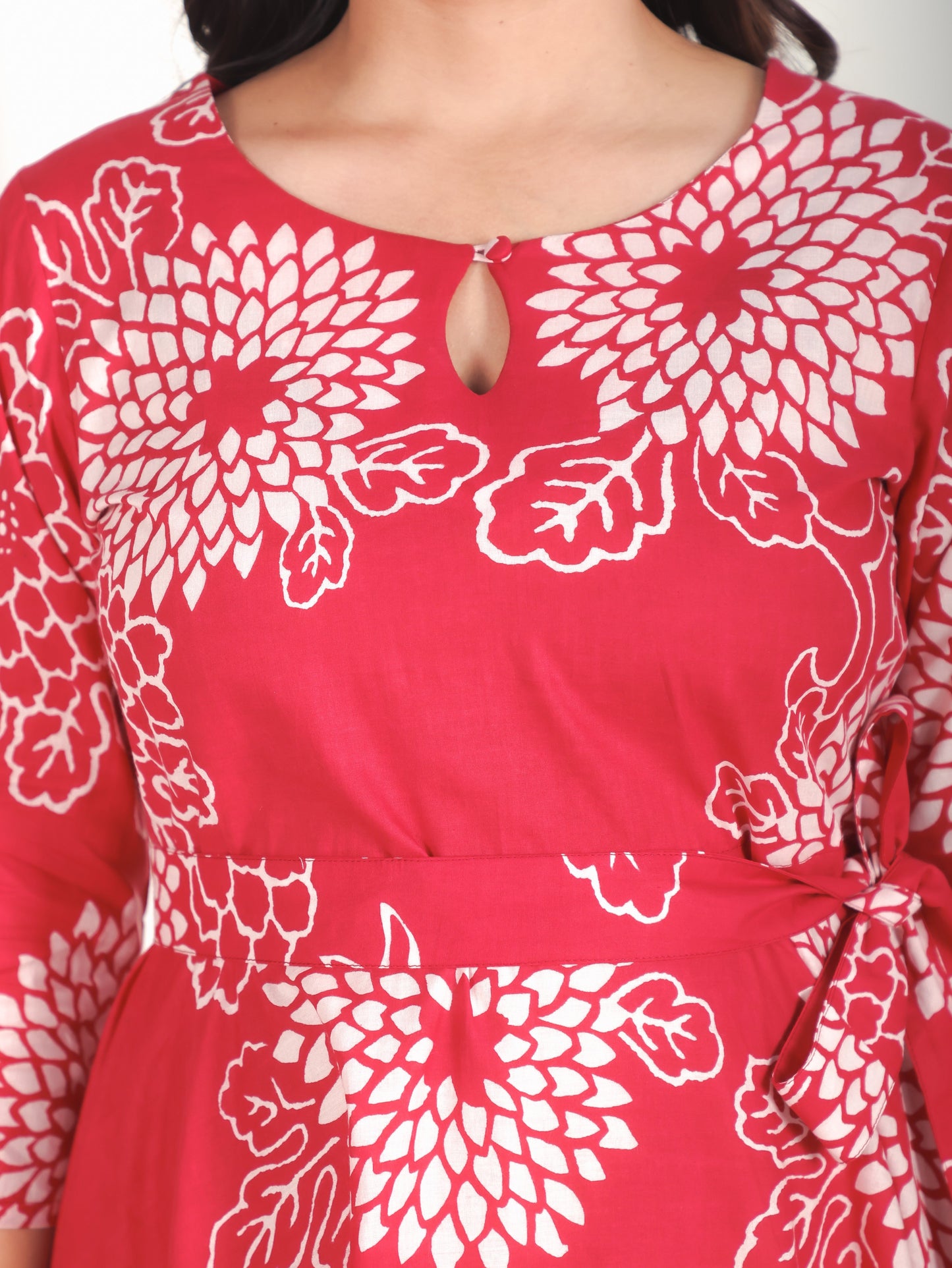 Soft Cotton Floral Anarkali Red Dress (With Belt)