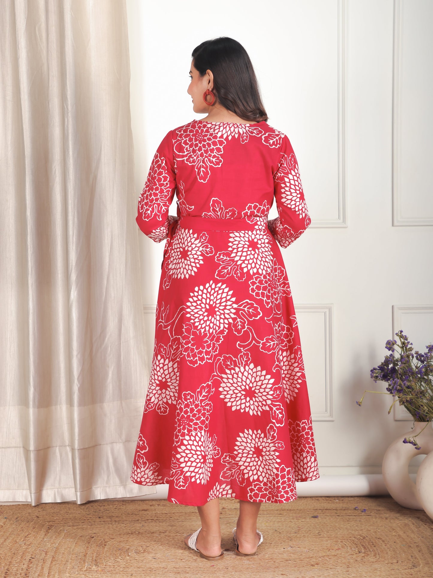 Soft Cotton Floral Anarkali Red Dress (With Belt)