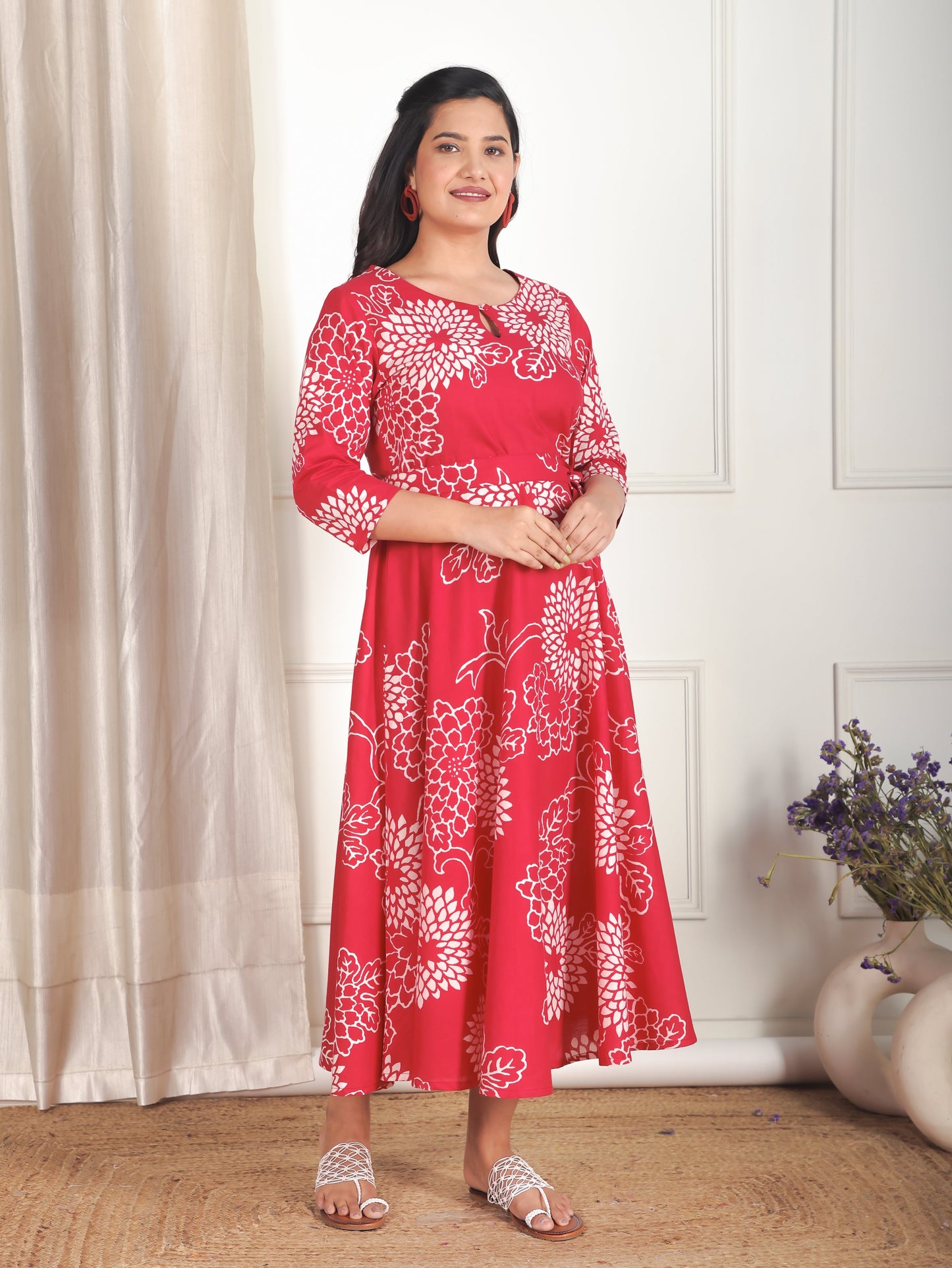 Soft Cotton Floral Anarkali Red Dress (With Belt)