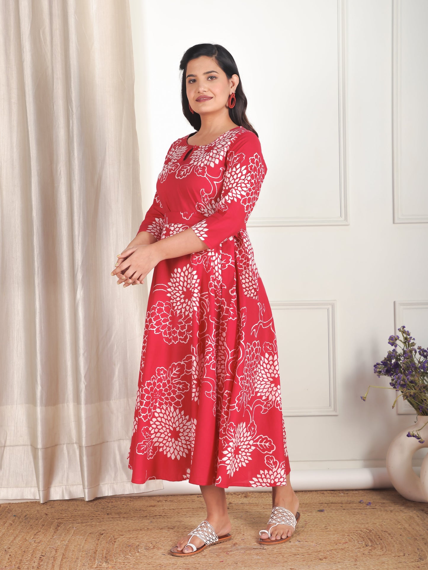 Soft Cotton Floral Anarkali Red Dress (With Belt)