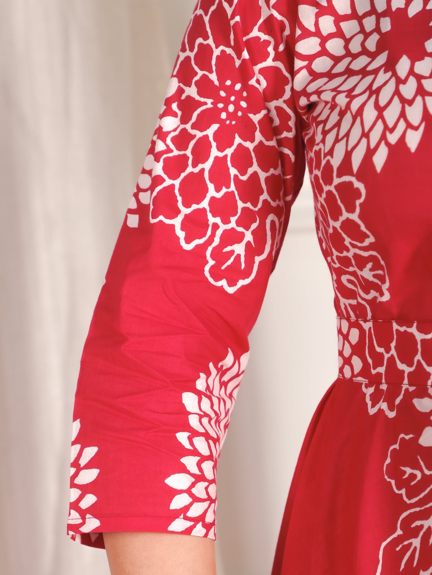 Soft Cotton Floral Anarkali Red Dress (With Belt)