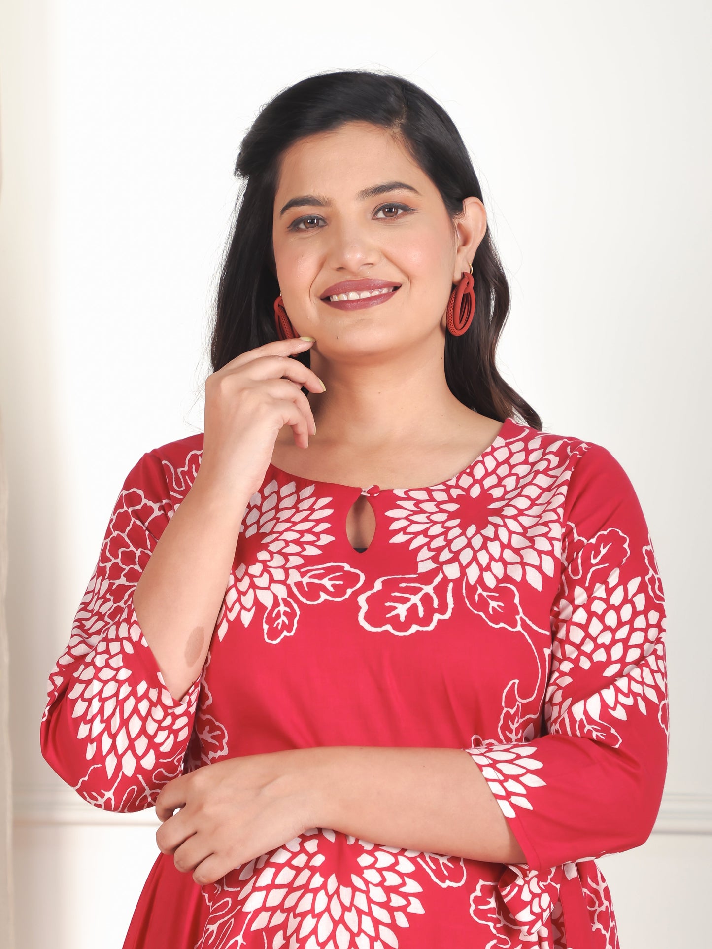Soft Cotton Floral Anarkali Red Dress (With Belt)