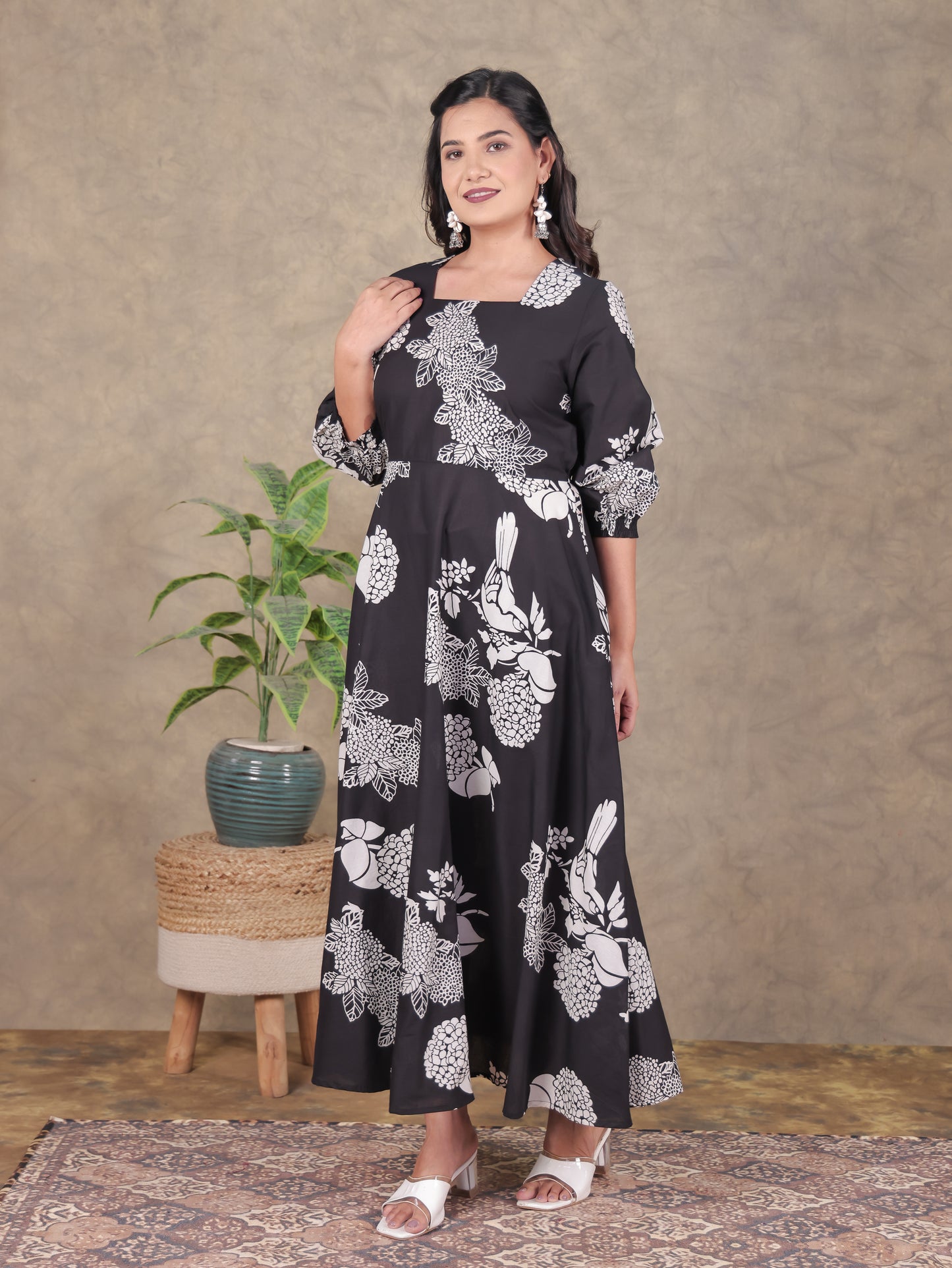 Soft Cotton Floral Flared Black Dress