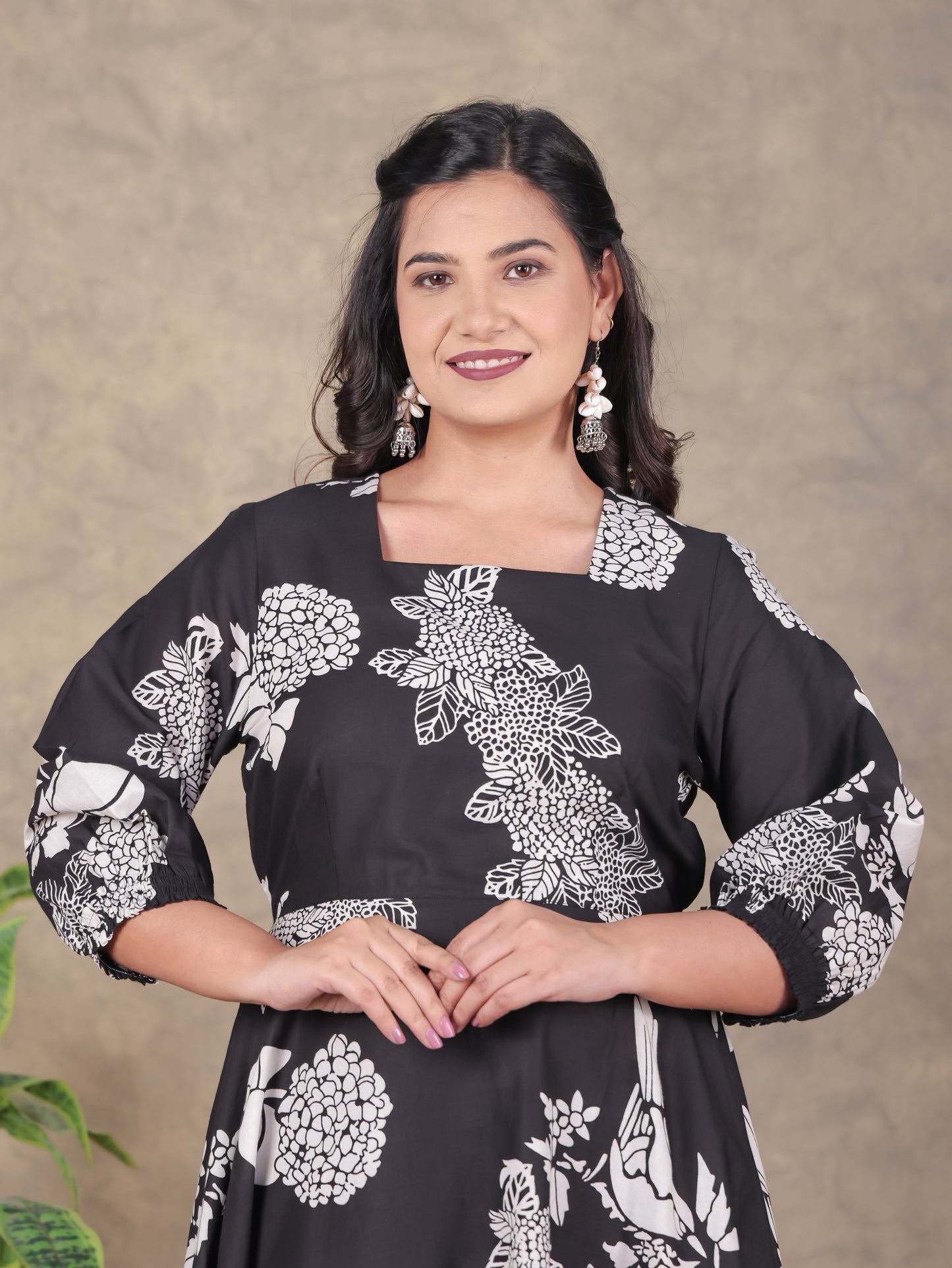 Soft Cotton Floral Flared Black Dress