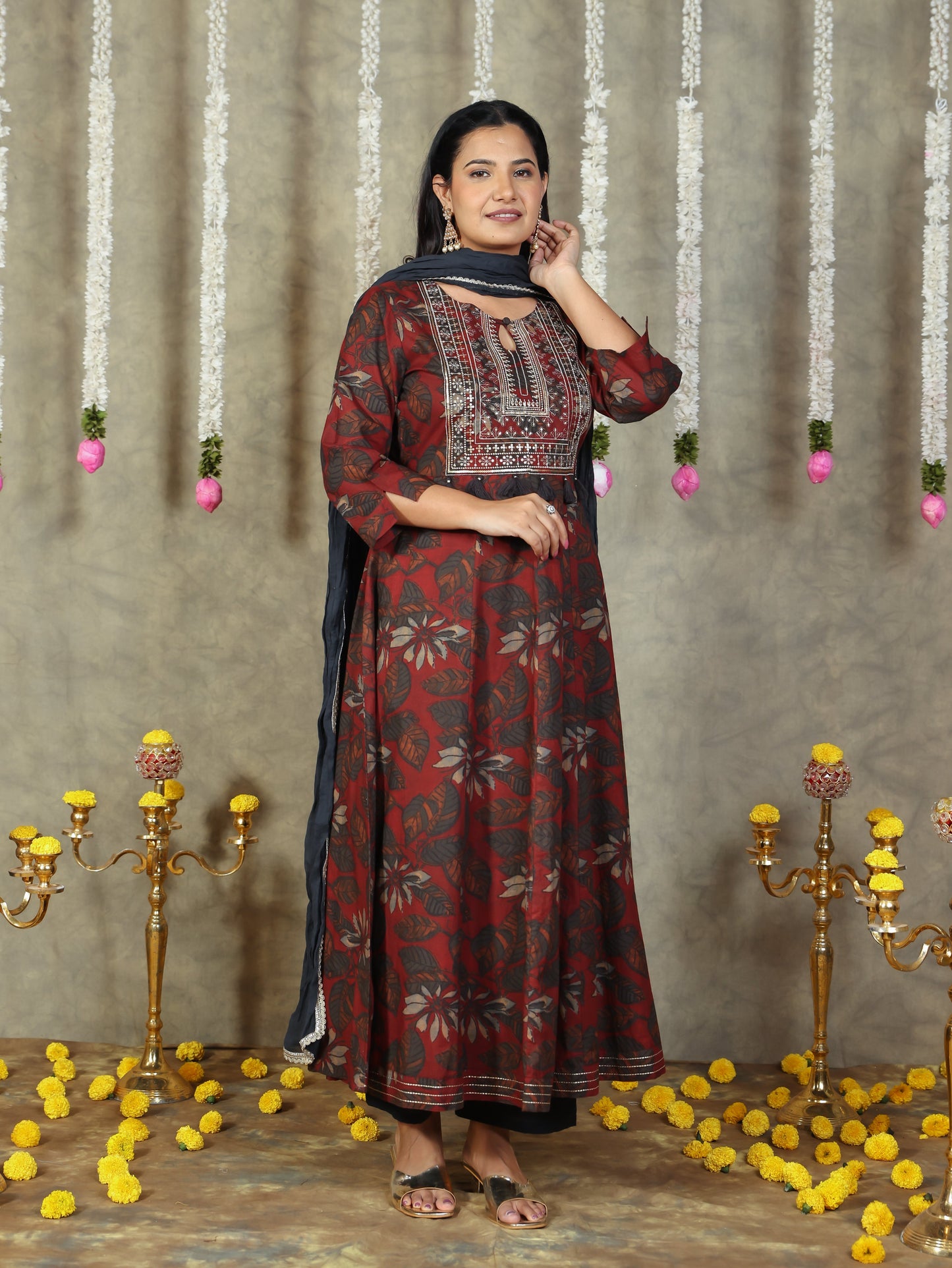 Embroidered Soft Cotton Floral Flared Maroon Kurta