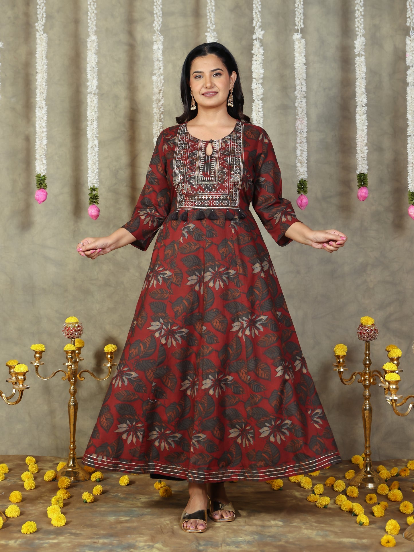 Embroidered Soft Cotton Floral Flared Maroon Kurta