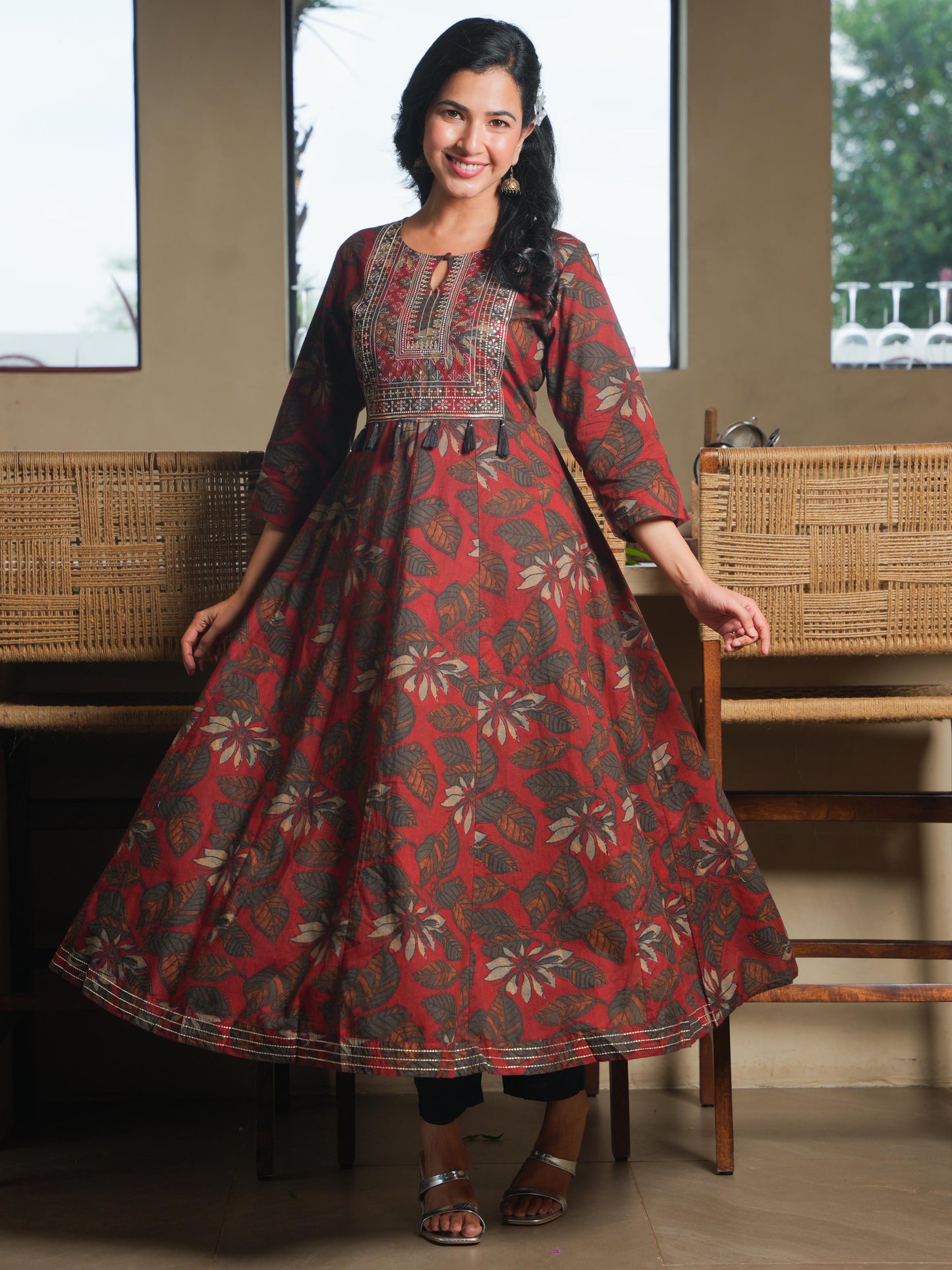 Embroidered Soft Cotton Floral Flared Maroon Kurta